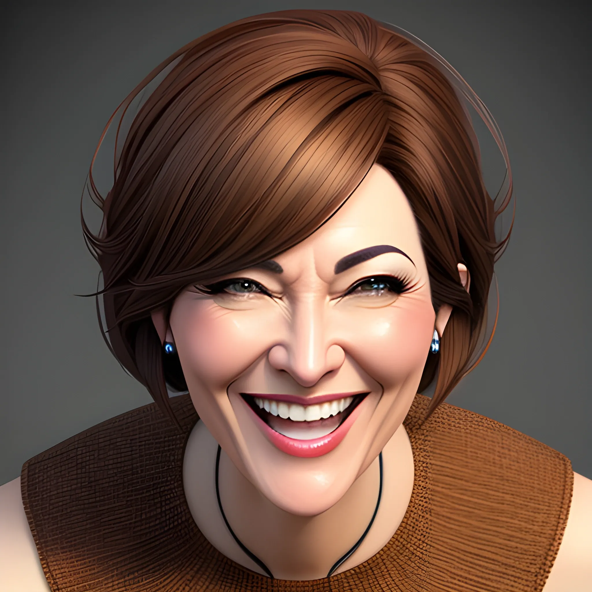 Character design, beautiful laughing girl, short brown hair, big brown eyes, artwork, fantasy, happiness, hyper realistic