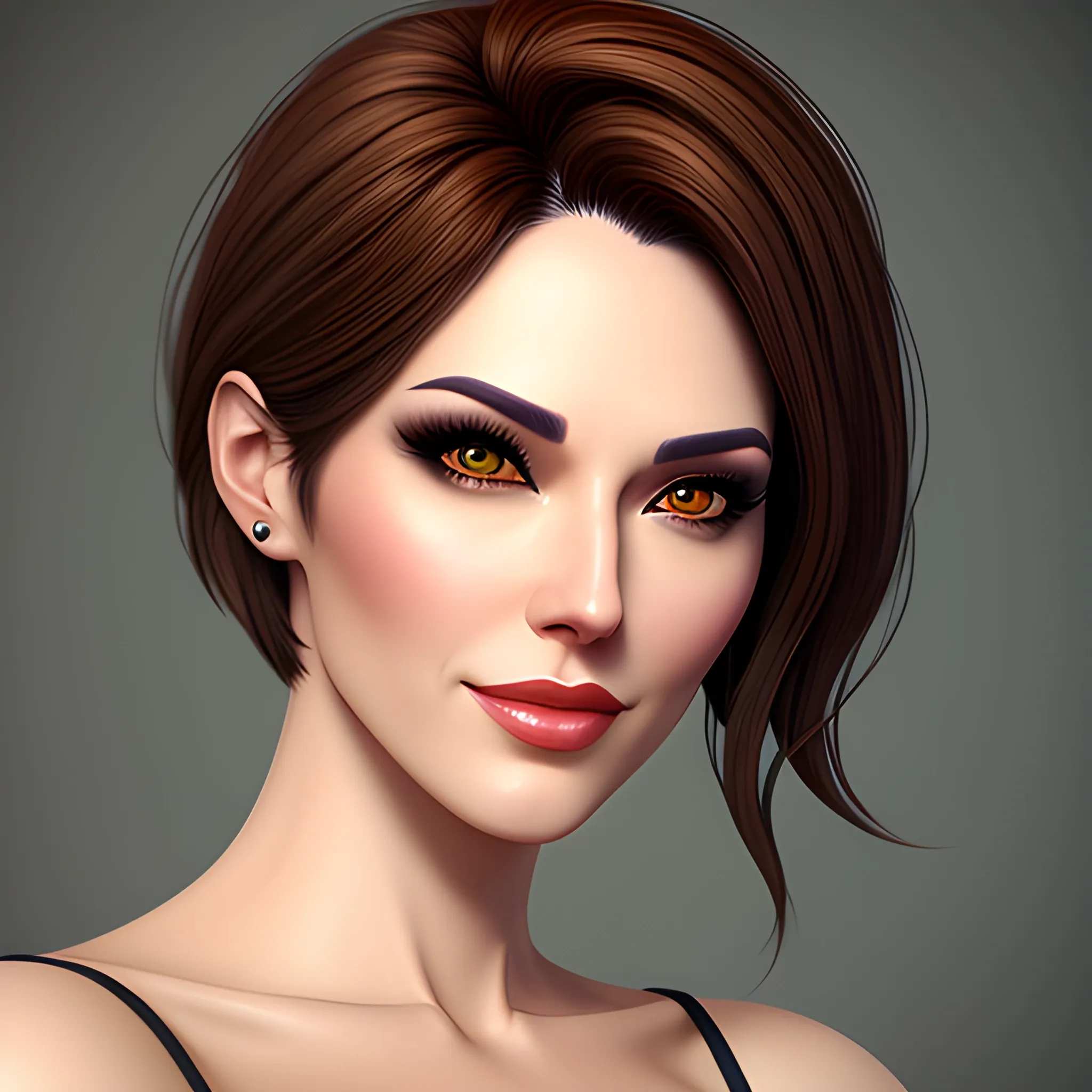 Character design, beautiful girl, short brown hair, big brown eyes, artwork, fantasy, happy, hyper realistic