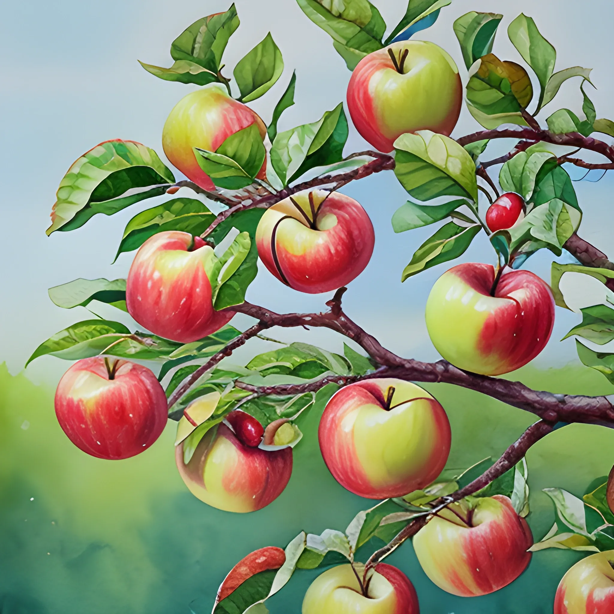 a bunch of apples on the tree branch, Water Color, Oil Painting