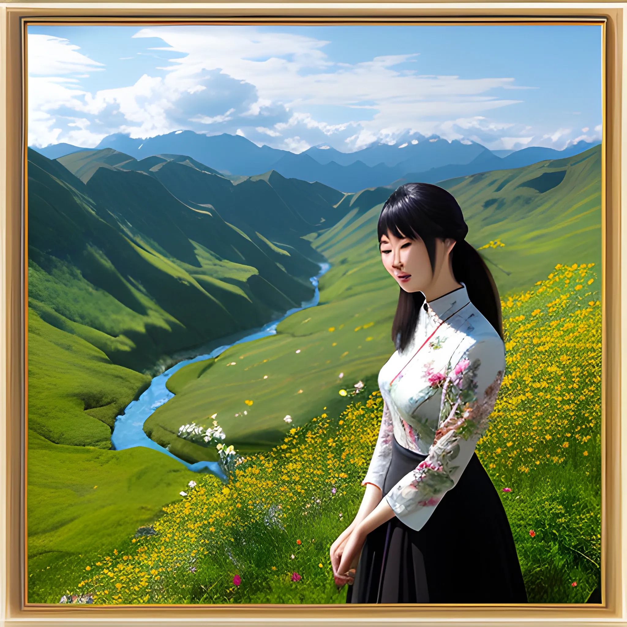 A candid shot of an 18-year-old Chinese girl  is standing at a vantage point in a valley filled with vibrant wildflowers. She is leaning against a large boulder that has traces of moss. To her left, a babbling brook winds its way through the meadow, where clusters of butterflies are seen hovering over blossoming flowers. The valley is framed by tree-covered hills, and a few fluffy clouds lazily drift across the clear blue sky.rich in details