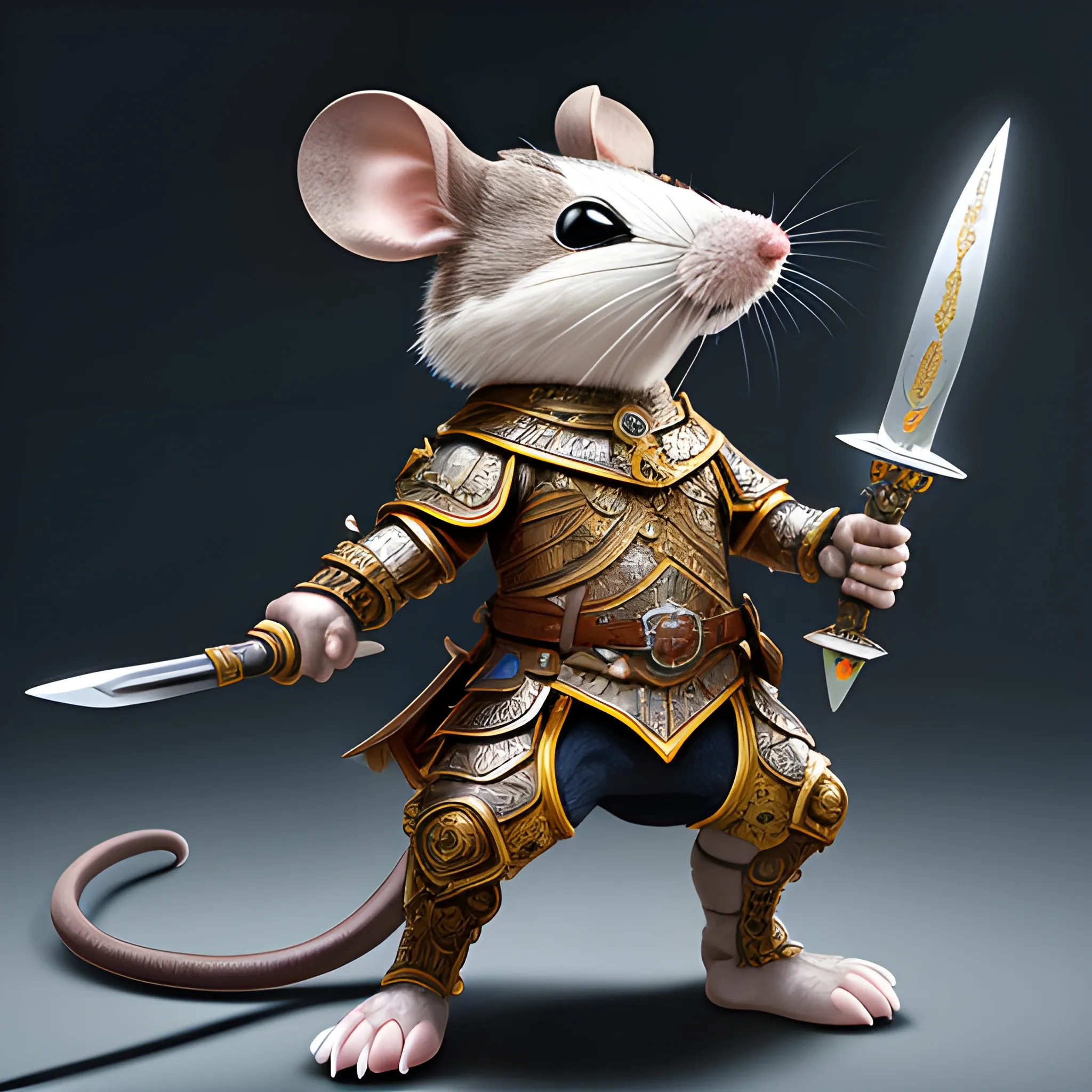 "Create an astonishing 4D 8K masterpiece of a valiant mouse warrior clad in intricately detailed armor, each piece adorned with symbolic engravings. This courageous rodent brandishes a formidable array of weapons, including a razor-sharp sword, a crossbow loaded with glistening bolts, and a shield featuring an intricate crest. Set against a mesmerizing backdrop, this epic scene unfolds with dynamic lighting, showcasing the mouse's unwavering resolve as it stands ready to defend its kingdom."