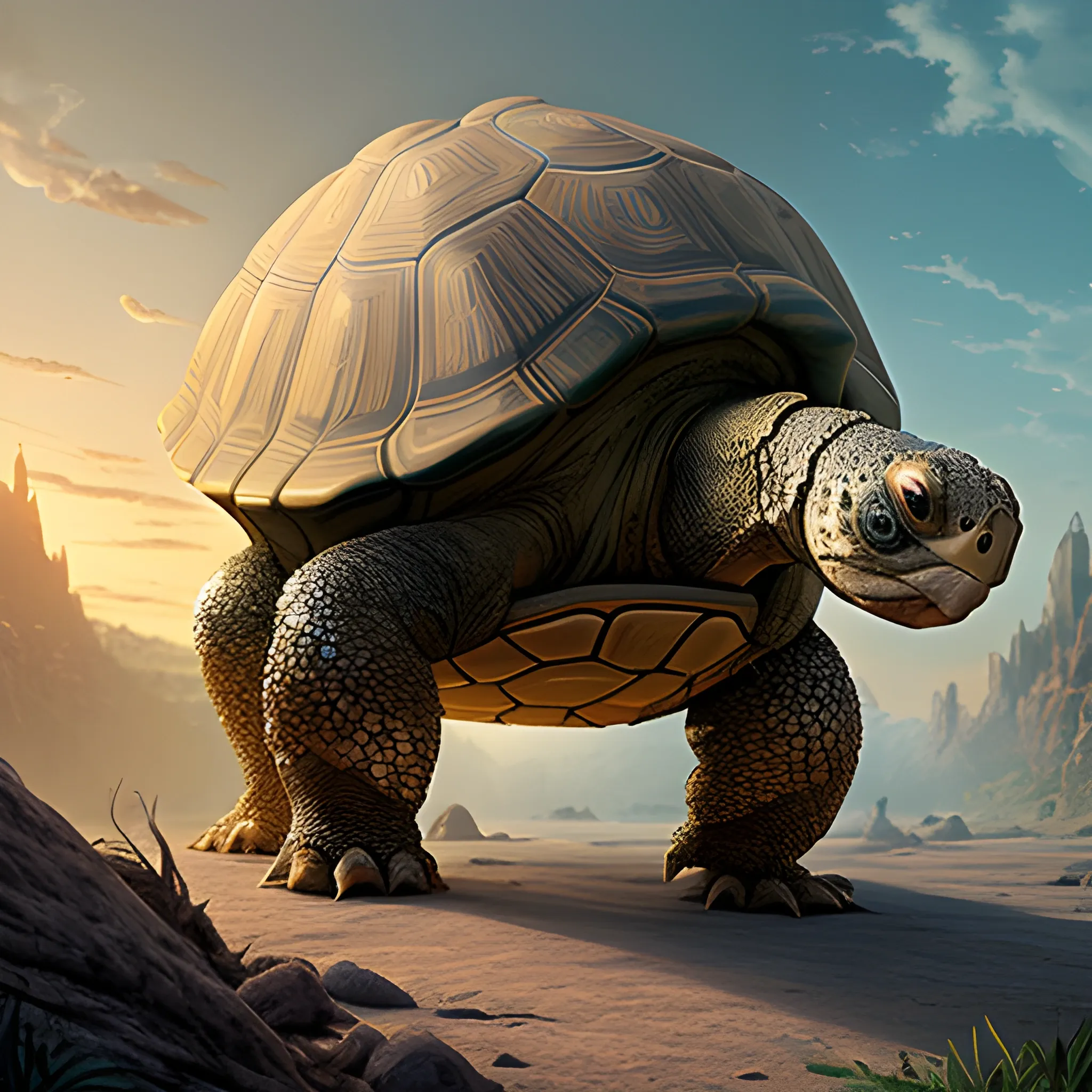 "Craft an awe-inspiring 4D 8K composition depicting a mighty tortoise armored in intricate detail, its massive shell adorned with ornate patterns. The tortoise wields an array of weaponry, including a colossal mace, a spiked flail, and a battle-tested shield. Placed within a captivating environment, this epic scene is brought to life with dynamic lighting, revealing the tortoise's indomitable spirit as it embarks on an epic journey through its fantastical realm."