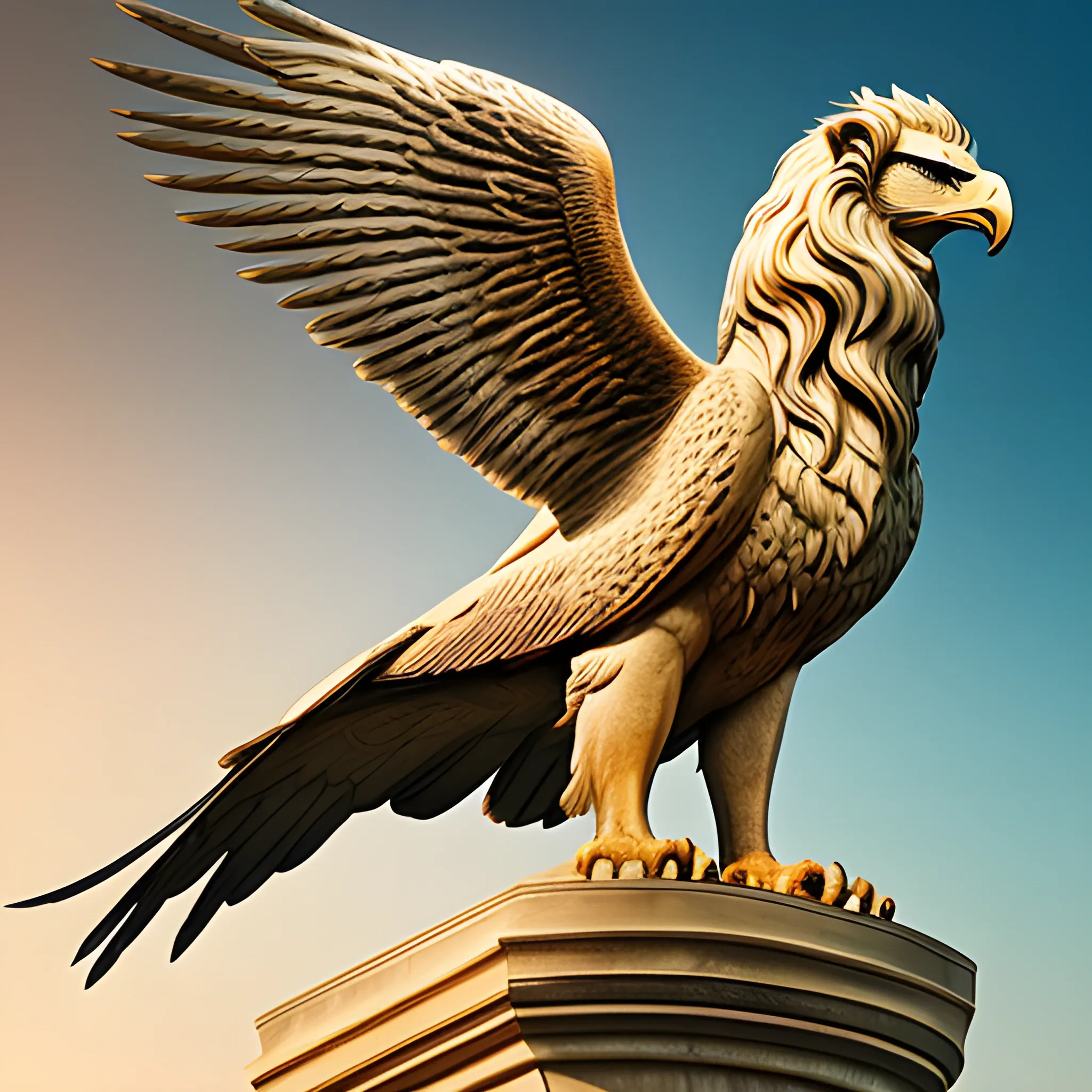 Craft an image that showcases the Griffin in its full grandeur, emphasizing its dual nature as a land and sky guardian. Capture the regal elegance of its lion body and the majestic power of its eagle's wings.