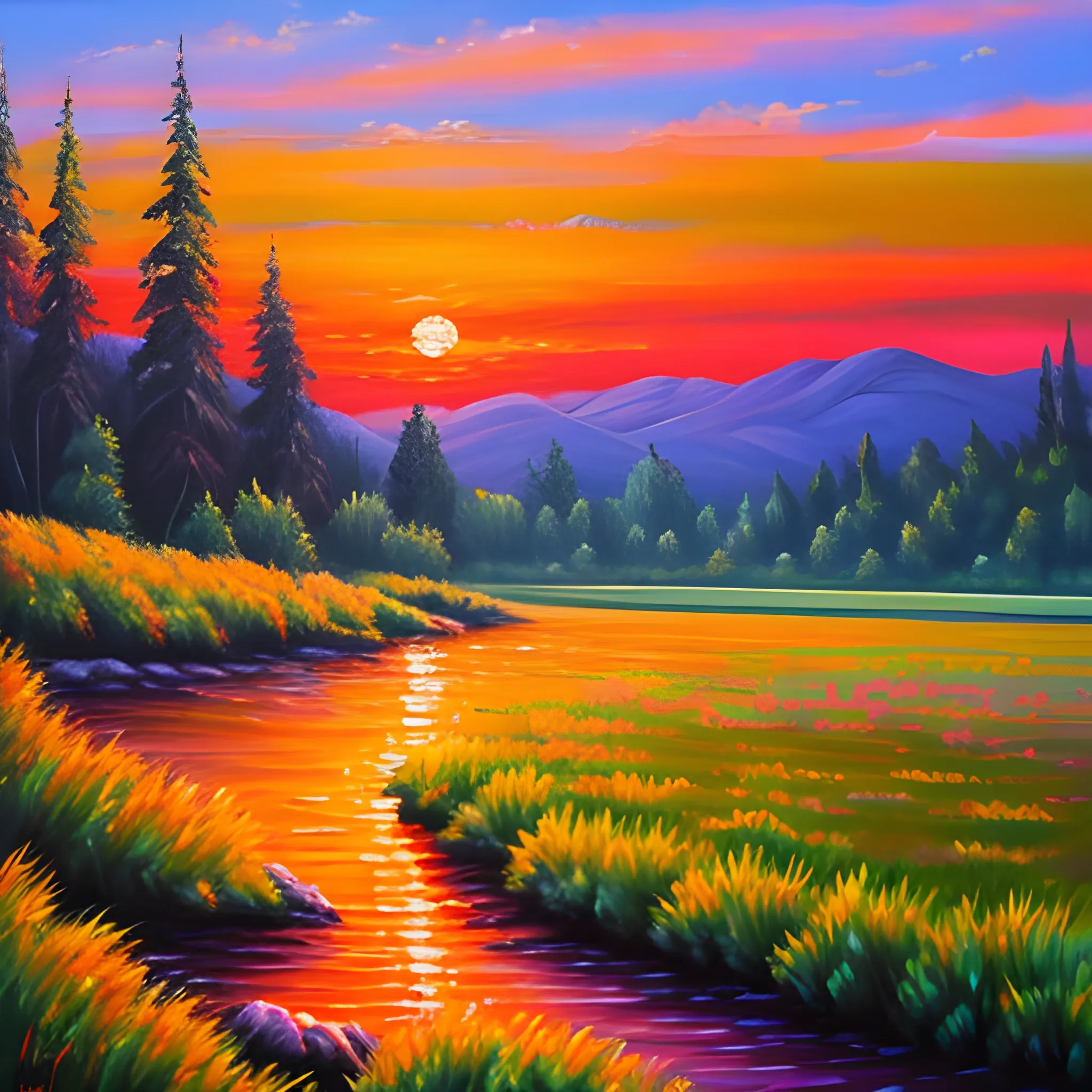 Sunset landscape painting, oil painting style, Oil Painting - Arthub.ai