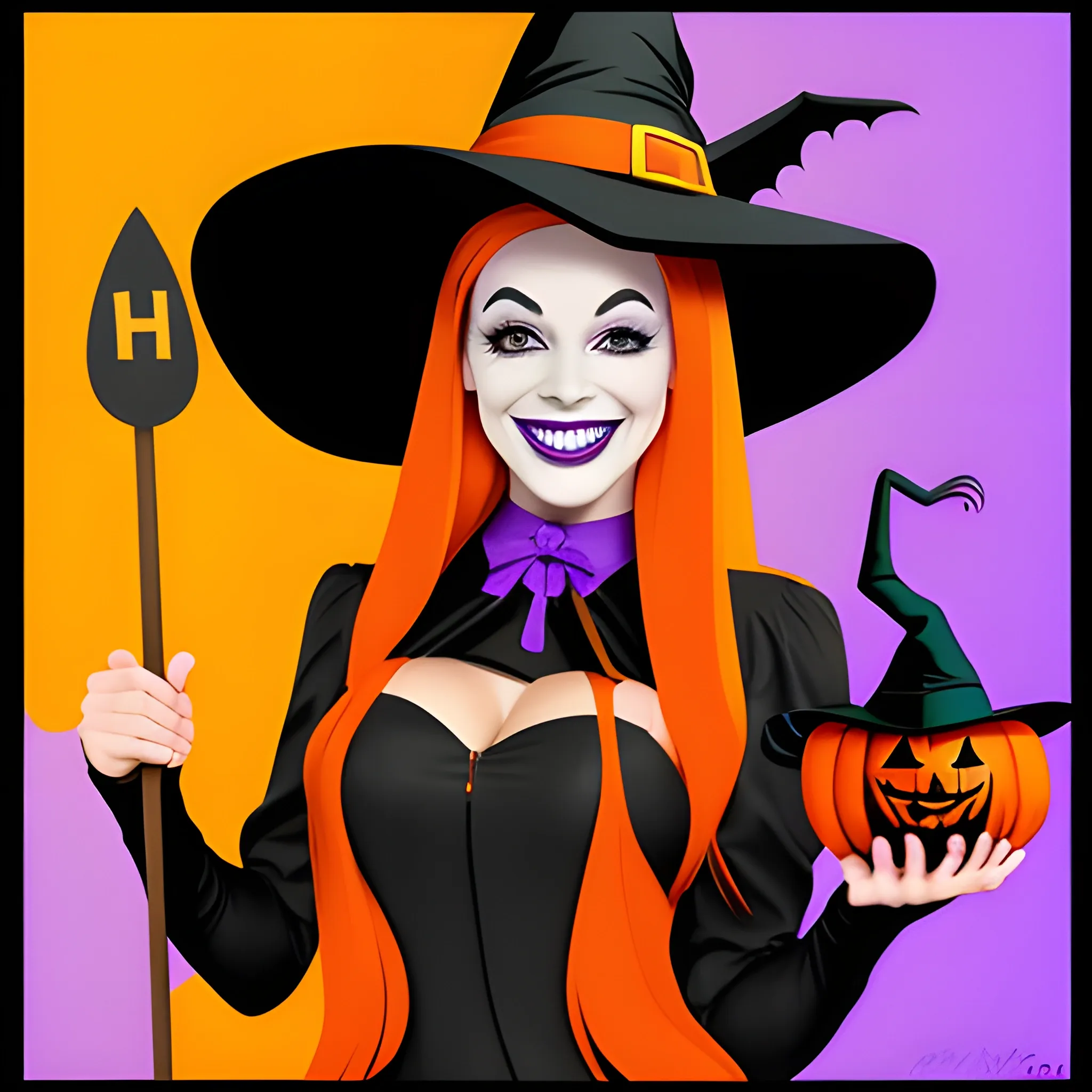 beautiful halloween witch with hat and tight clothes, smiling, on a broomstick,  pop art style