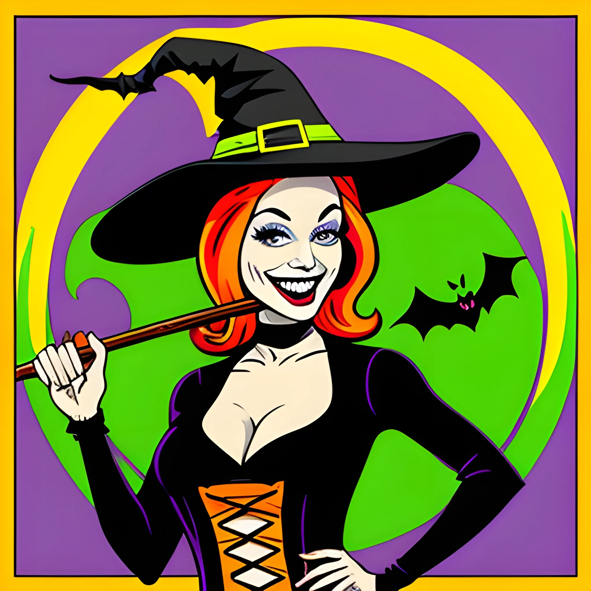 beautiful halloween witch with hat and tight clothes, smiling, on a broomstick,  pop art style, Cartoon