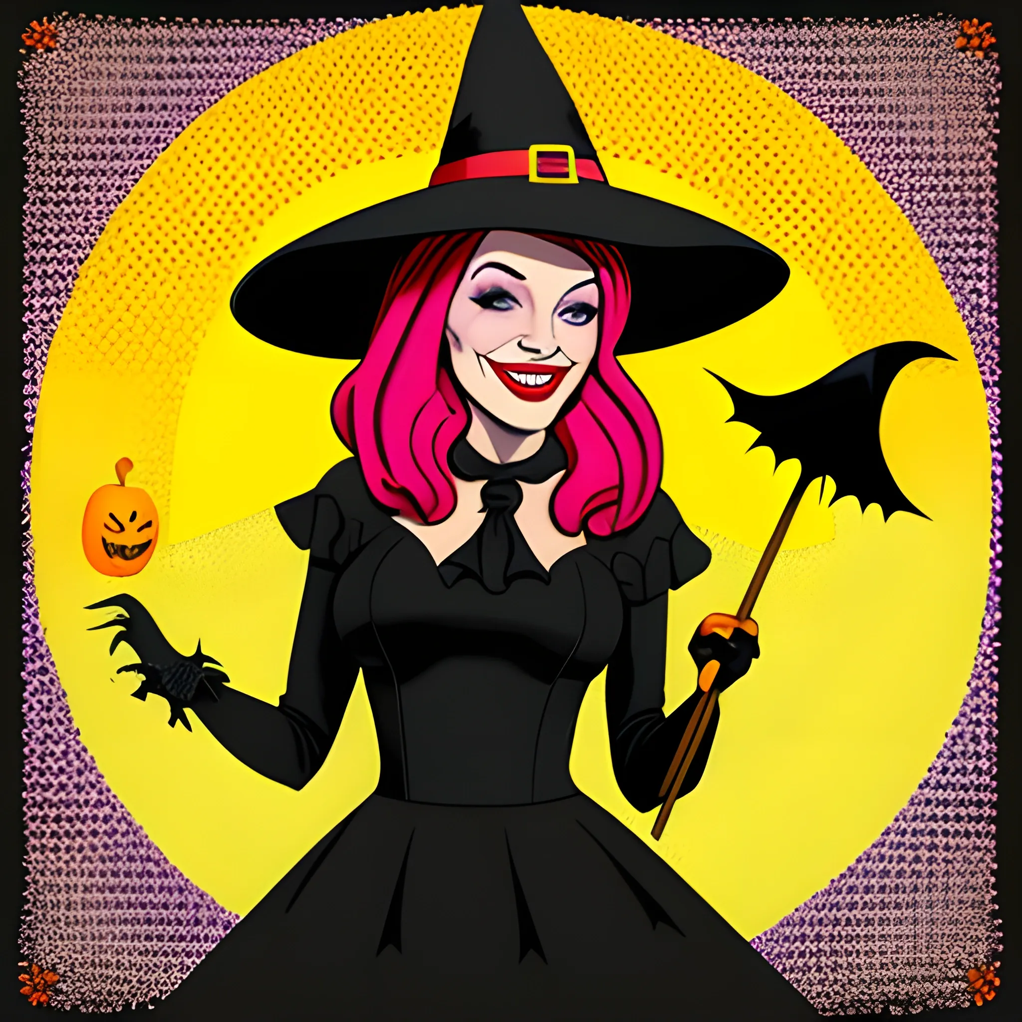 beautiful halloween witch with hat and tight clothes, smiling, on a broomstick,  pop art style, Cartoon