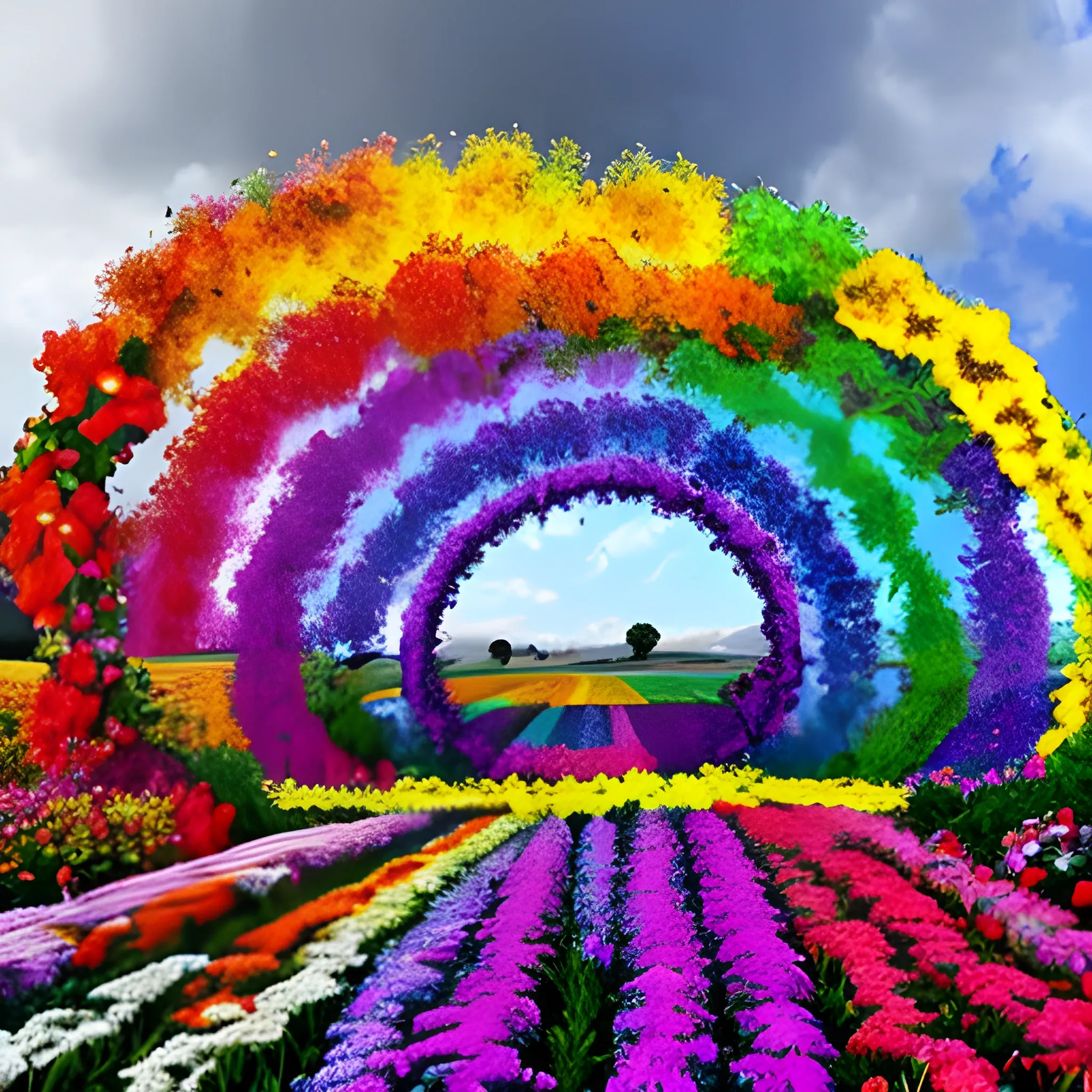 "Genera una imagen de un arco iris doble sobre un campo de flores silvestres."
