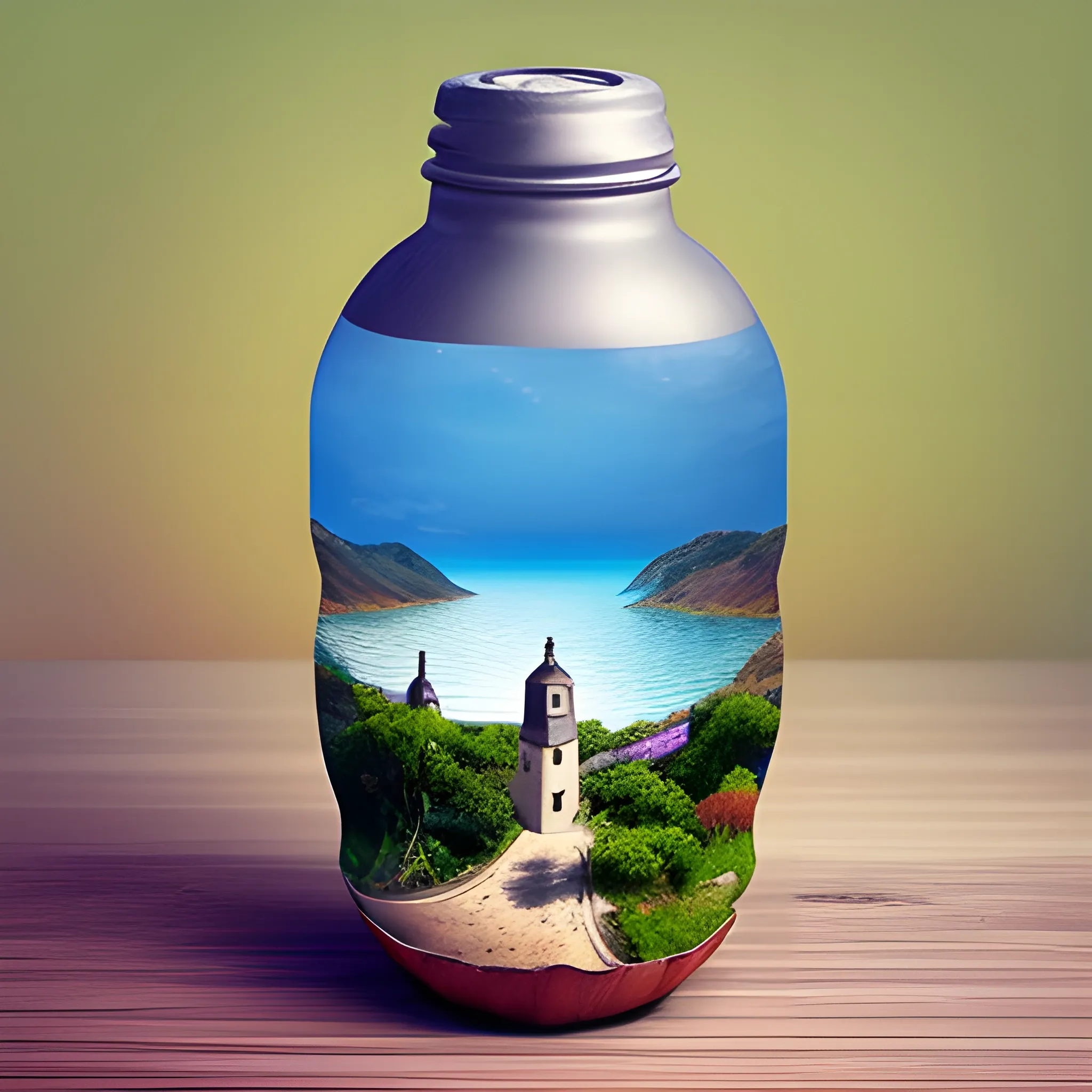 CREAR IMAGEN PROMPT DE UN PAISAJE DENTRO DE UNA BOTELLA