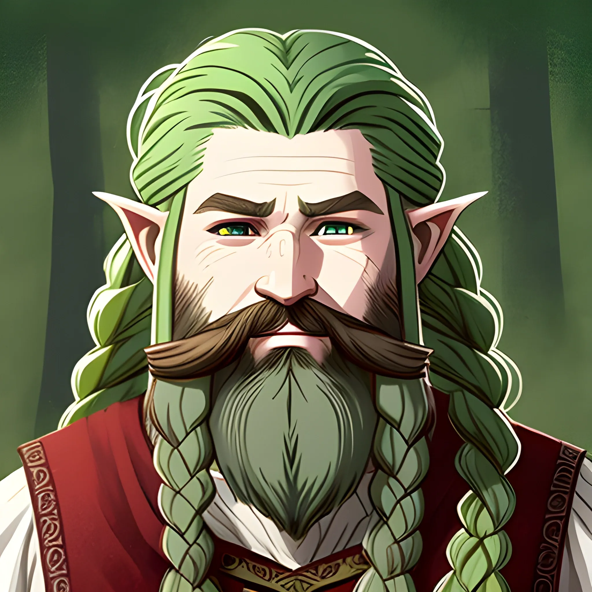 Firbolg with sage green eyes, long forest green hair put in a braid, with a beard and a red noise wearing noble clothing
