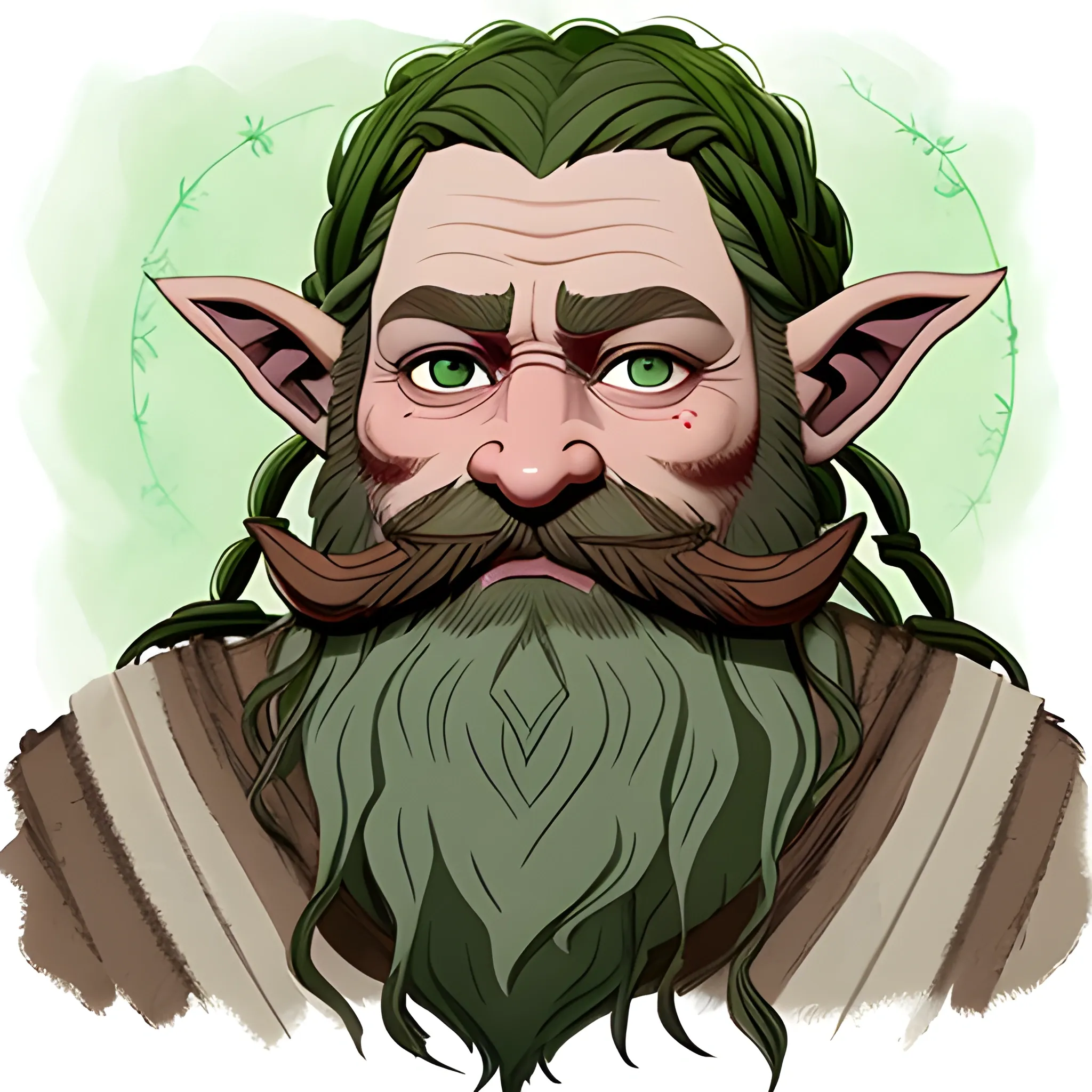 Firbolg with grey skin, sage green eyes, a forest green beard and hair also forest green that become braids with vines in them, with a red nose, wearing noble brown clothing