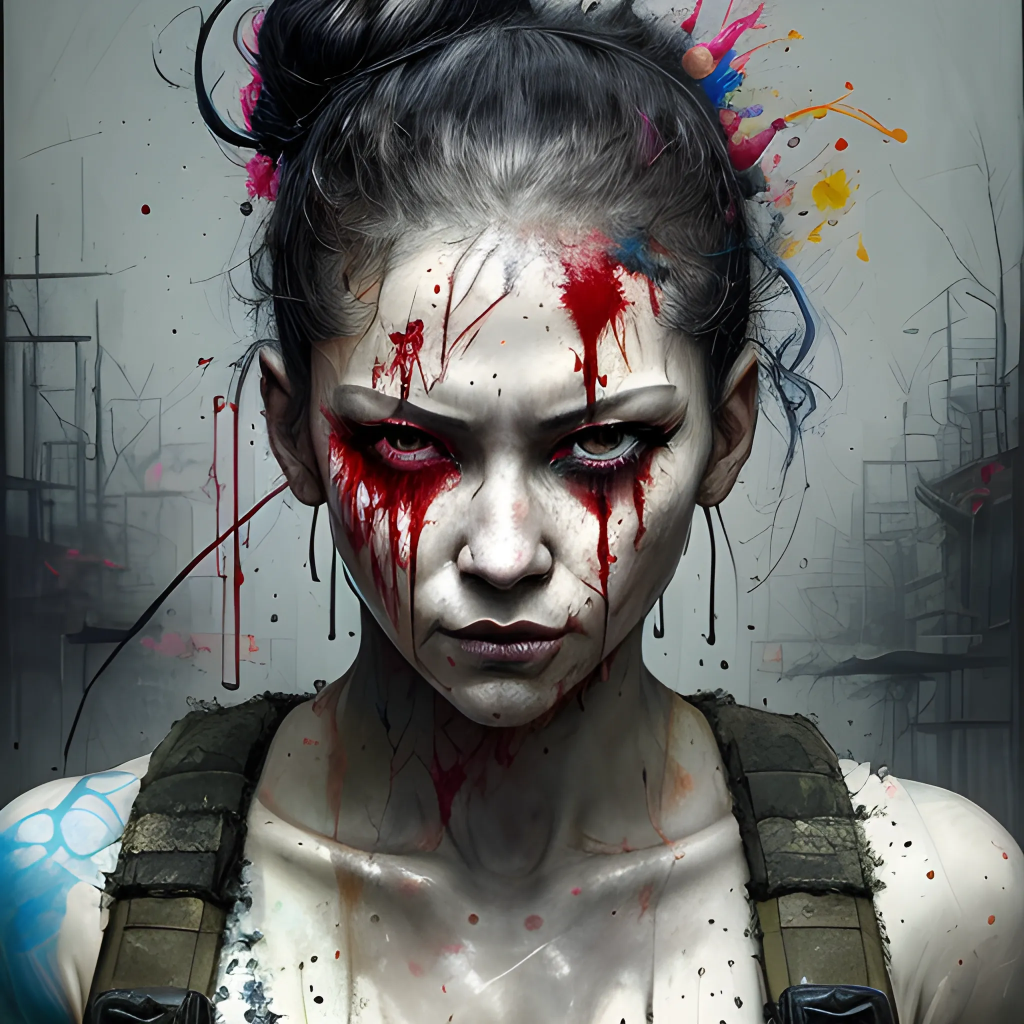 realistic blood blood blood rfktrstyle"SamDoesArts; a relentless and ruthless half-body portrait of an exceptionally stunning and lethal female assassin engaged in a high-octane street battle with wounds to the face. She stands defiantly on the gritty urban street, a faint but menacing smile playing on her lips. Draped in a tactical croptop, cargo pants, and imposing military boots, she is a force to be reckoned with. Her hair, coiled in a fierce bun, adds to her enigmatic aura.

Engulfed in the chaos of combat, she is armed to the teeth with a deadly arsenal of weapons, leaving no boundaries uncrossed in her relentless pursuit of her target. The art should capture the visceral frenzy of the fight with paint splashes, reflecting the chaos she leaves in her wake. This isn't art for the faint of heart; it's a portrayal of unbridled determination and the pursuit of the impossible.

This digital masterpiece transcends trends, embodying the heart-pounding intensity of outrun and vaporwave aesthetics, all while channeling the spirit of artistic legends like Jeremy Mann and Matthäus Merian the Elder. It combines the raw power of Pino Daeni and Robert Rauschenberg with a dark and intriguing twist reminiscent of Beksinski."