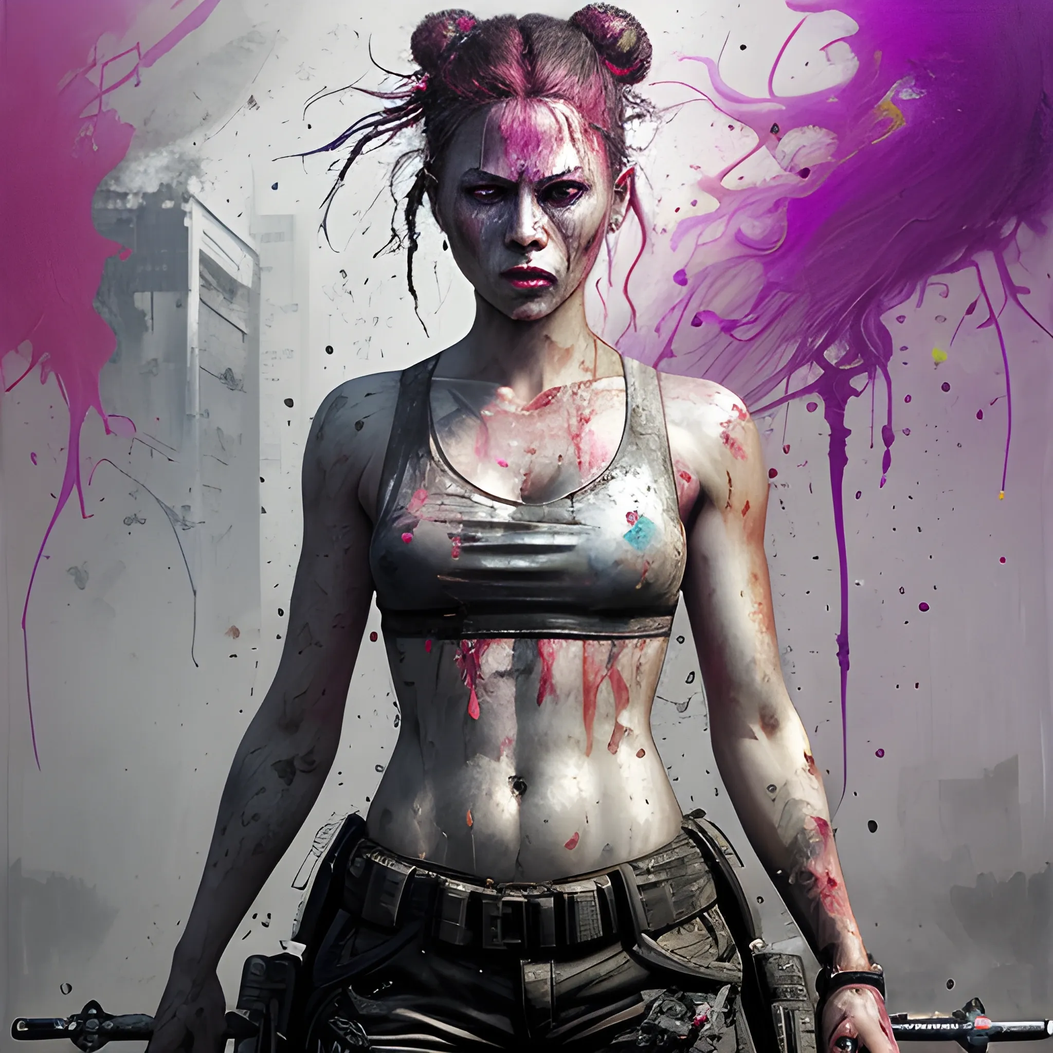 realistic blood blood blood rfktrstyle"SamDoesArts; a relentless and ruthless half-body portrait of an exceptionally stunning and lethal female assassin engaged in a high-octane street battle with wounds to the face. She stands defiantly on the gritty urban street, a faint but menacing smile playing on her lips. Draped in a tactical croptop, cargo pants, and imposing military boots, she is a force to be reckoned with. Her hair, coiled in a fierce bun, adds to her enigmatic aura.

Engulfed in the chaos of combat, she is armed to the teeth with a deadly arsenal of weapons, leaving no boundaries uncrossed in her relentless pursuit of her target. The art should capture the visceral frenzy of the fight with paint splashes, reflecting the chaos she leaves in her wake. This isn't art for the faint of heart; it's a portrayal of unbridled determination and the pursuit of the impossible.

This digital masterpiece transcends trends, embodying the heart-pounding intensity of outrun and vaporwave aesthetics, all while channeling the spirit of artistic legends like Jeremy Mann and Matthäus Merian the Elder. It combines the raw power of Pino Daeni and Robert Rauschenberg with a dark and intriguing twist reminiscent of Beksinski.", Trippy