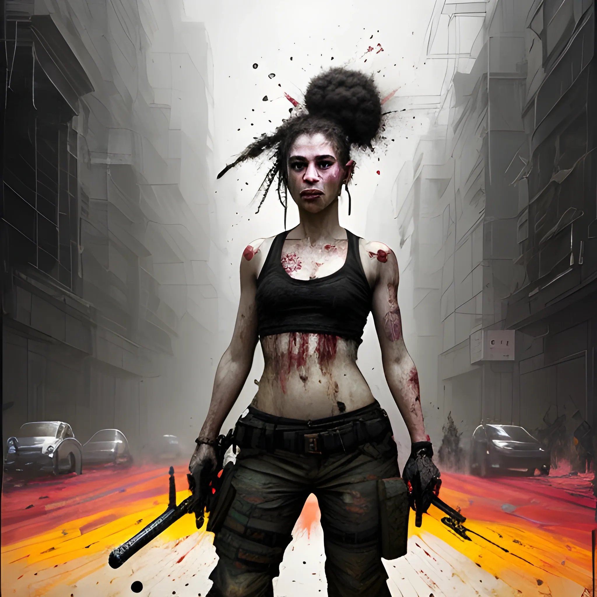 realistic blood blood blood blood blood blood blood blood blood rfktrstyle"SamDoesArts; a relentless and ruthless half-body portrait of an exceptionally stunning and lethal female assassin engaged in a high-octane street battle with wounds to the face. She stands defiantly on the gritty urban street, a faint but menacing smile playing on her lips. Draped in a tactical croptop, cargo pants, and imposing military boots, she is a force to be reckoned with. Her hair, coiled in a fierce bun, adds to her enigmatic aura.

Engulfed in the chaos of combat, she is armed to the teeth with a deadly arsenal of weapons, leaving no boundaries uncrossed in her relentless pursuit of her target. The art should capture the visceral frenzy of the fight with paint splashes, reflecting the chaos she leaves in her wake. This isn't art for the faint of heart; it's a portrayal of unbridled determination and the pursuit of the impossible.

This digital masterpiece transcends trends, embodying the heart-pounding intensity of outrun and vaporwave aesthetics, all while channeling the spirit of artistic legends like Jeremy Mann and Matthäus Merian the Elder. It combines the raw power of Pino Daeni and Robert Rauschenberg with a dark and intriguing twist reminiscent of Beksinski.", Trippy