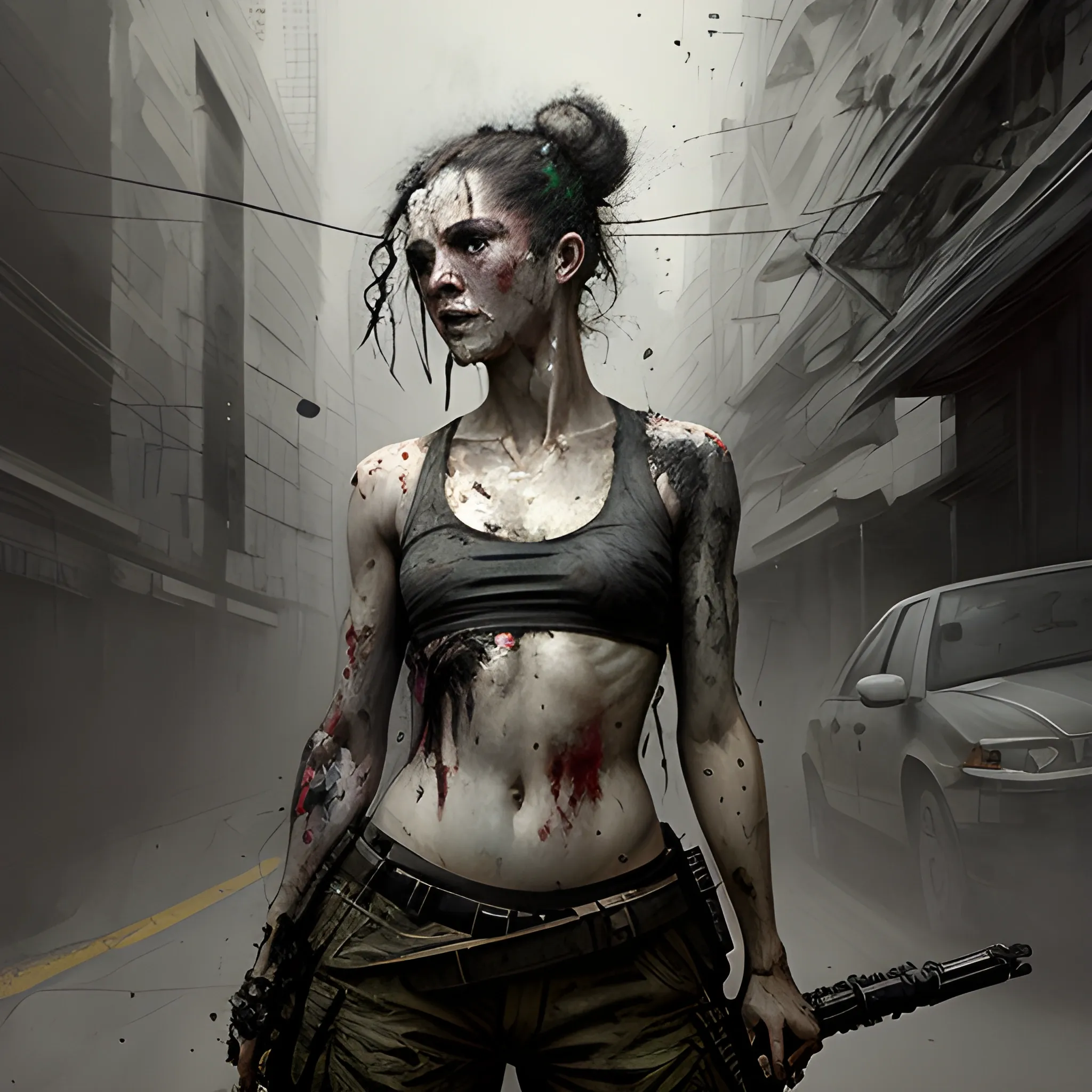 realistic blood blood blood blood blood blood blood blood blood rfktrstyle"SamDoesArts; a relentless and ruthless half-body portrait of an exceptionally stunning and lethal female assassin engaged in a high-octane street battle with wounds to the face. She stands defiantly on the gritty urban street, a faint but menacing smile playing on her lips. Draped in a tactical croptop, cargo pants, and imposing military boots, she is a force to be reckoned with. Her hair, coiled in a fierce bun, adds to her enigmatic aura.

Engulfed in the chaos of combat, she is armed to the teeth with a deadly arsenal of weapons, leaving no boundaries uncrossed in her relentless pursuit of her target. The art should capture the visceral frenzy of the fight with paint splashes, reflecting the chaos she leaves in her wake. This isn't art for the faint of heart; it's a portrayal of unbridled determination and the pursuit of the impossible.

This digital masterpiece transcends trends, embodying the heart-pounding intensity of outrun and vaporwave aesthetics, all while channeling the spirit of artistic legends like Jeremy Mann and Matthäus Merian the Elder. It combines the raw power of Pino Daeni and Robert Rauschenberg with a dark and intriguing twist reminiscent of Beksinski.",, Pencil Sketch