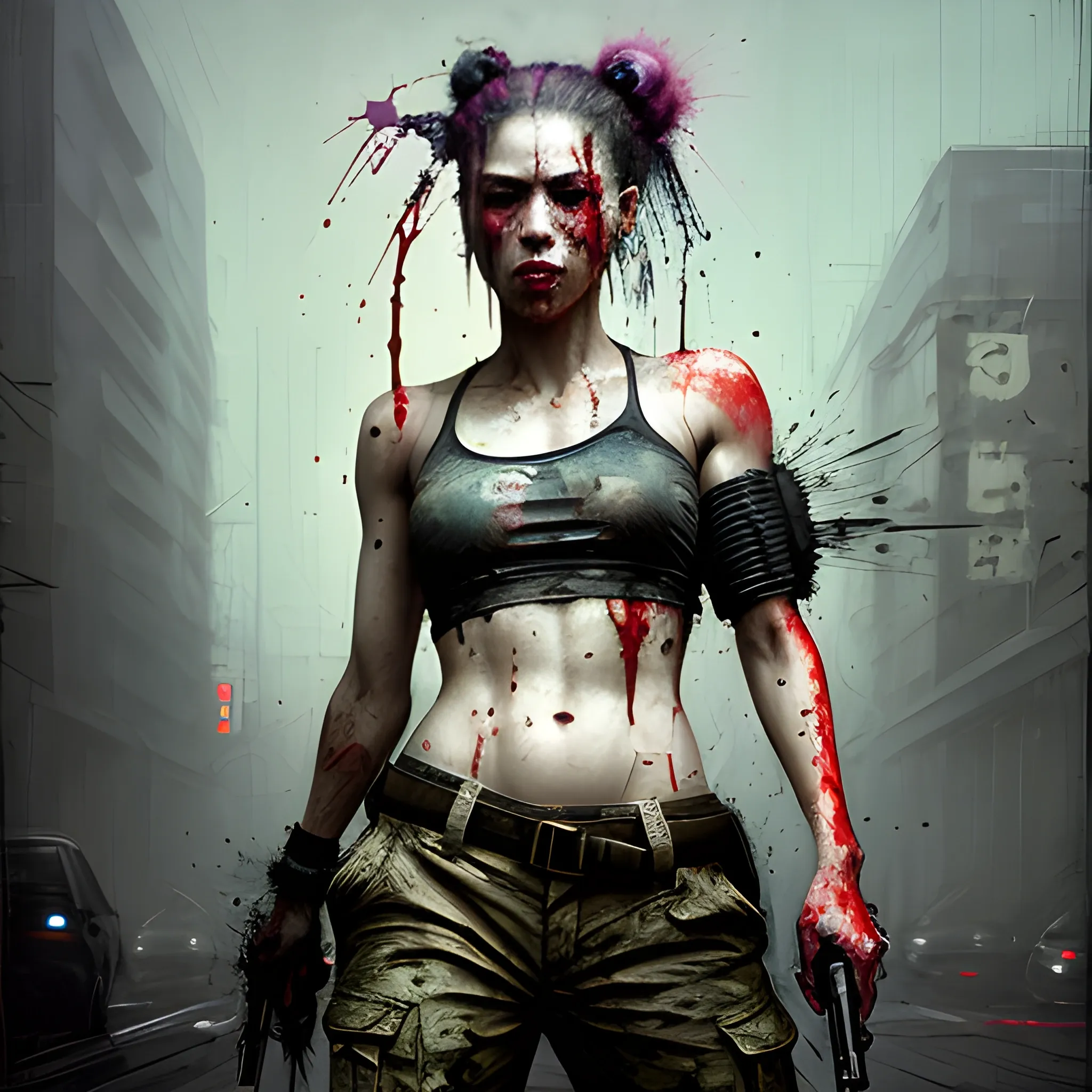 realistic blood blood blood blood blood blood blood blood blood rfktrstyle"SamDoesArts; a relentless and ruthless half-body portrait of an exceptionally stunning and lethal female assassin engaged in a high-octane street battle with wounds to the face. She stands defiantly on the gritty urban street, a faint but menacing smile playing on her lips. Draped in a tactical croptop, cargo pants, and imposing military boots, she is a force to be reckoned with. Her hair, coiled in a fierce bun, adds to her enigmatic aura.

Engulfed in the chaos of combat, she is armed to the teeth with a deadly arsenal of weapons, leaving no boundaries uncrossed in her relentless pursuit of her target. The art should capture the visceral frenzy of the fight with paint splashes, reflecting the chaos she leaves in her wake. This isn't art for the faint of heart; it's a portrayal of unbridled determination and the pursuit of the impossible.

This digital masterpiece transcends trends, embodying the heart-pounding intensity of outrun and vaporwave aesthetics, all while channeling the spirit of artistic legends like Jeremy Mann and Matthäus Merian the Elder. It combines the raw power of Pino Daeni and Robert Rauschenberg with a dark and intriguing twist reminiscent of Beksinski.",, 3D