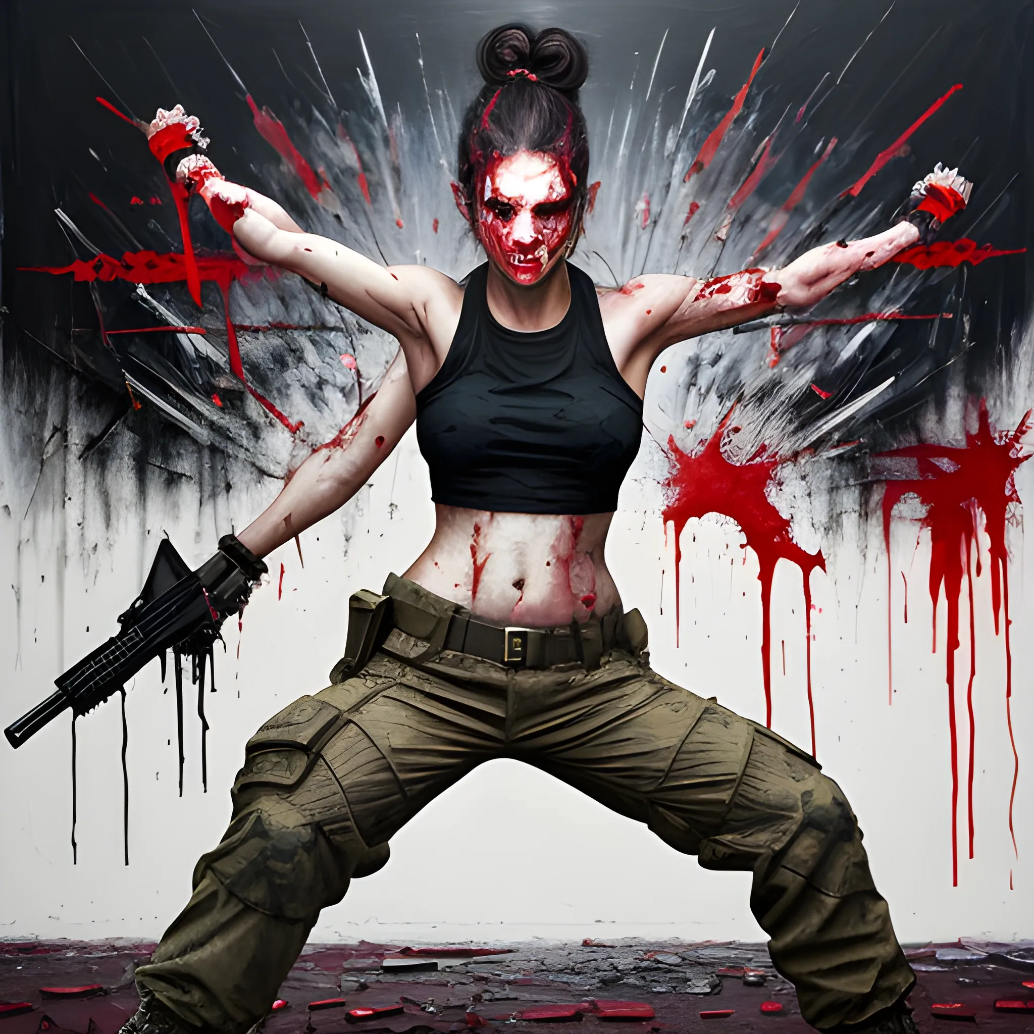 realistic blood blood blood blood blood blood blood blood blood rfktrstyle"SamDoesArts; a relentless and ruthless half-body portrait of an exceptionally stunning and lethal female assassin engaged in a high-octane street battle with wounds to the face. She stands defiantly on the gritty urban street, a faint but menacing smile playing on her lips. Draped in a tactical croptop, cargo pants, and imposing military boots, she is a force to be reckoned with. Her hair, coiled in a fierce bun, adds to her enigmatic aura.

Engulfed in the chaos of combat, she is armed to the teeth with a deadly arsenal of weapons, leaving no boundaries uncrossed in her relentless pursuit of her target. The art should capture the visceral frenzy of the fight with paint splashes, reflecting the chaos she leaves in her wake. This isn't art for the faint of heart; it's a portrayal of unbridled determination and the pursuit of the impossible.", Trippy, Oil Painting