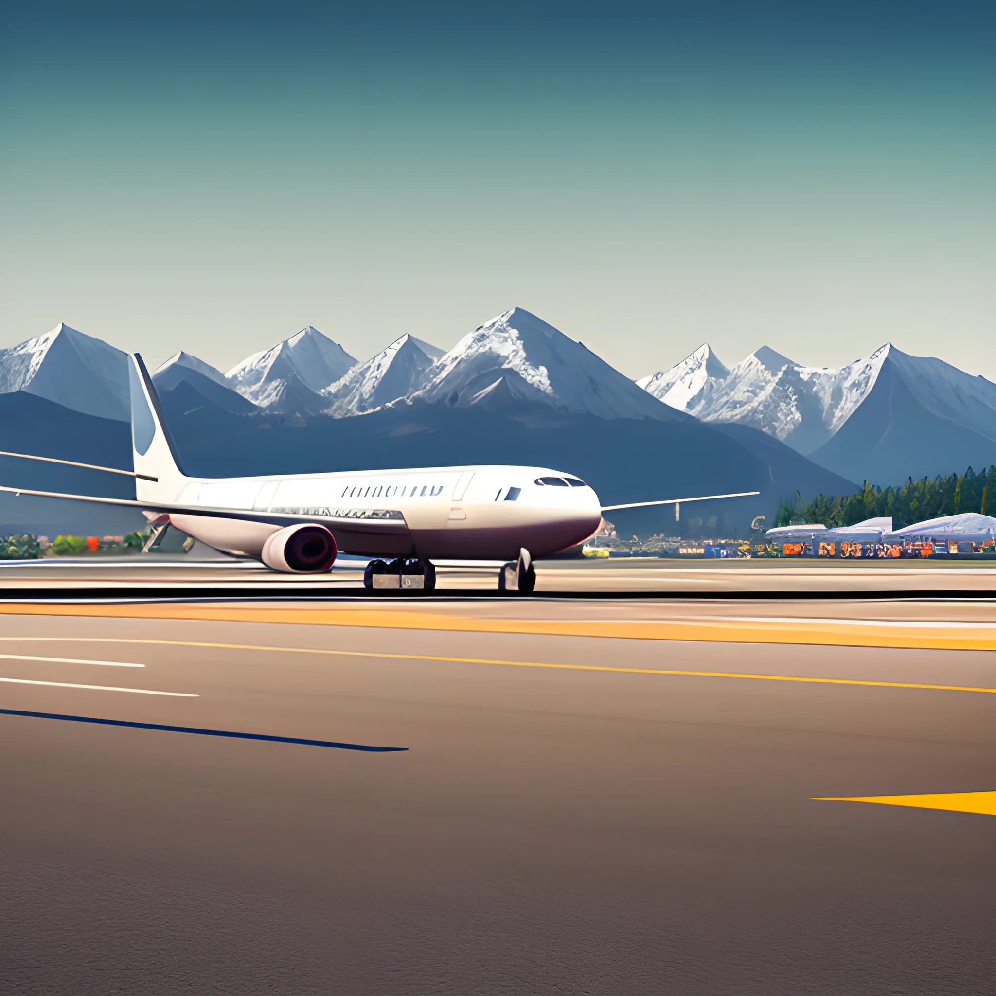 a plane landing at an airport with a background of mountains .- Full body. 8k. Photorealistic.