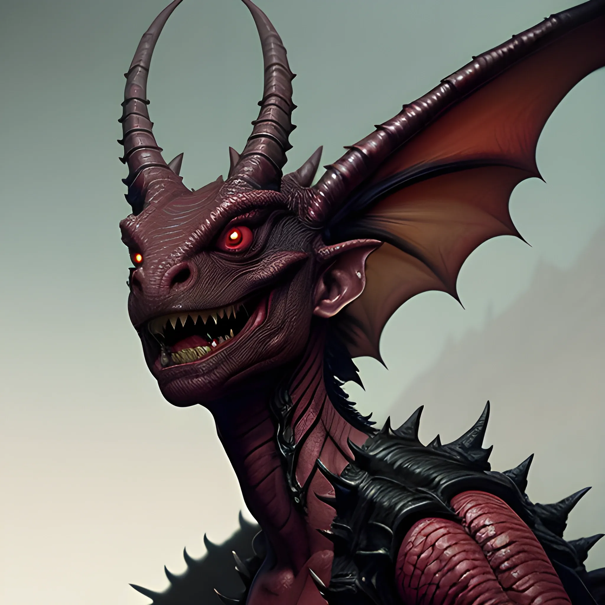 fantasy, horror, female dragon kin, single close up, red scaly body, frontal view, full body shot,  bat like wings, long thin demon tail, evil smile, claws, medium breasts, cinematic, trending on artstation, Greg Rutkowski, Clyde Caldwell, matte painting
