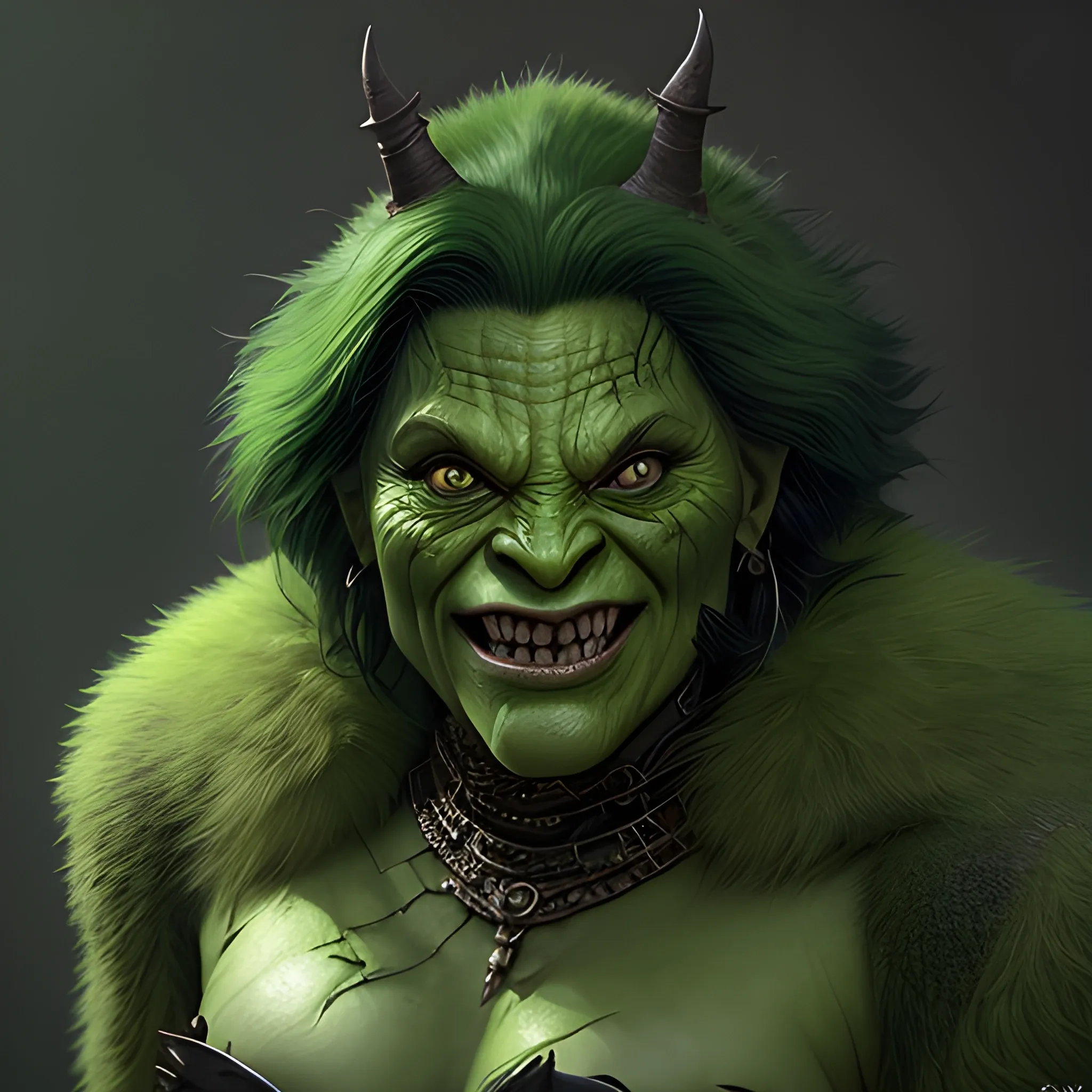 fantasy, horror, female troll, single close up, wearing furs and leather armor, completely green skin, full body shot, long pointed nose, evil smile, claws, cinematic, trending on artstation, Greg Rutkowski, Clyde Caldwell, matte painting