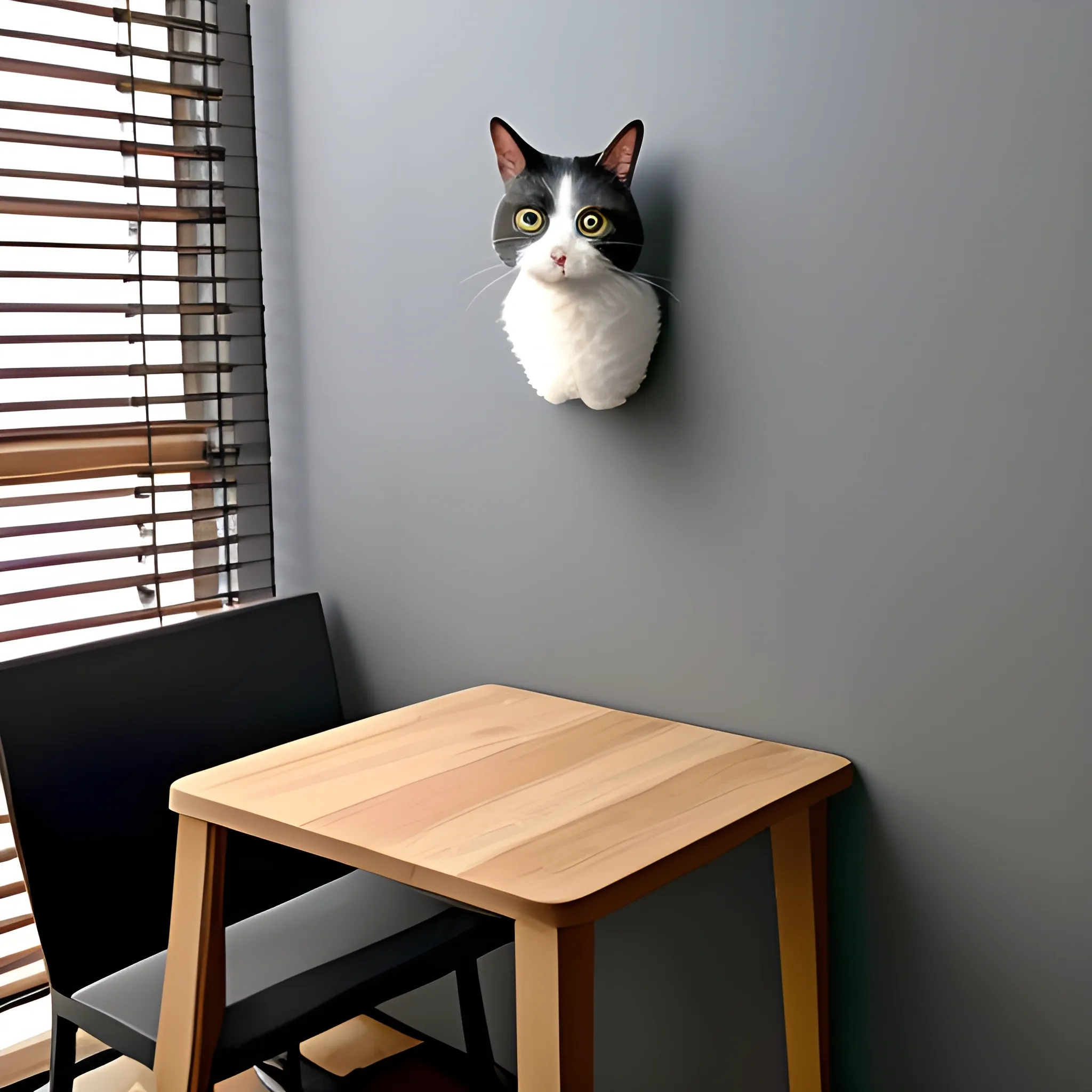 "En un comedor de tonos cálidos y acogedores, un Gato Bombay se encuentra majestuosamente sobre una mesa rectangular cubierta por un mantel de un suave tono café claro. Su pelaje negro contrasta de manera llamativa con el fondo del comedor.

Detrás de la mesa, una parte de la pared se tiñe de un vibrante tabique rojo, agregando un toque de color al ambiente. La luz natural que entra por la ventana resalta la elegancia del felino, revelando sus ojos amarillos brillantes que parecen mirar con curiosidad su entorno. Mientras el gato reposa con gracia sobre la mesa, sus oídos puntiagudos se muestran alerta, listos para cualquier movimiento que pueda captar su atención en este encantador comedor."
