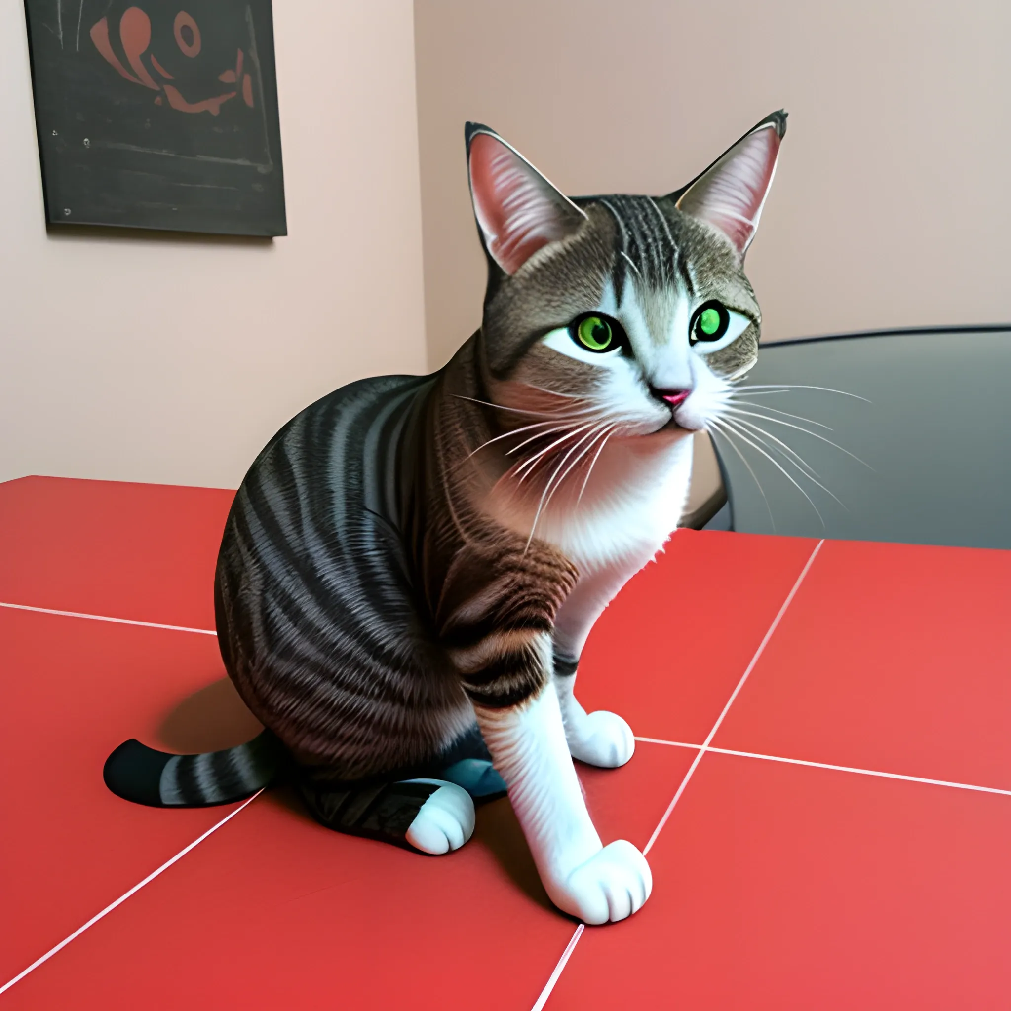 "En un comedor de tonos cálidos y acogedores, un Gato Bombay se encuentra majestuosamente sobre una mesa rectangular cubierta por un mantel de un suave tono café claro. Su pelaje negro contrasta de manera llamativa con el fondo del comedor.

Detrás de la mesa, una parte de la pared se tiñe de un vibrante tabique rojo, agregando un toque de color al ambiente. La luz natural que entra por la ventana resalta la elegancia del felino, revelando sus ojos amarillos brillantes que parecen mirar con curiosidad su entorno. Mientras el gato reposa con gracia sobre la mesa, sus oídos puntiagudos se muestran alerta, listos para cualquier movimiento que pueda captar su atención en este encantador comedor."
, 3D