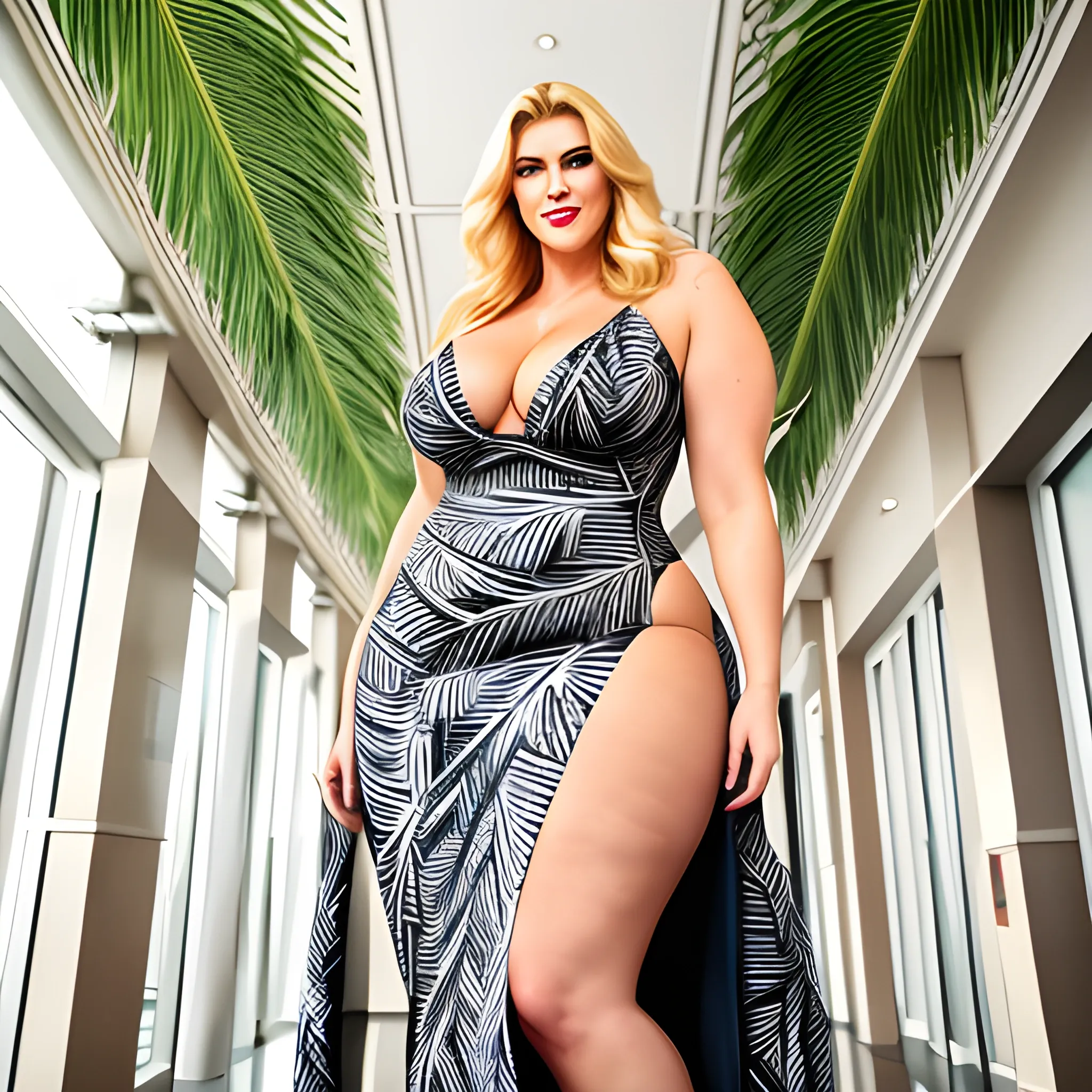 friendly and handsome tall plus size beautiful blonde musculous young girl in wide patterned dress standing in the lobby under the ceiling and a palm tree