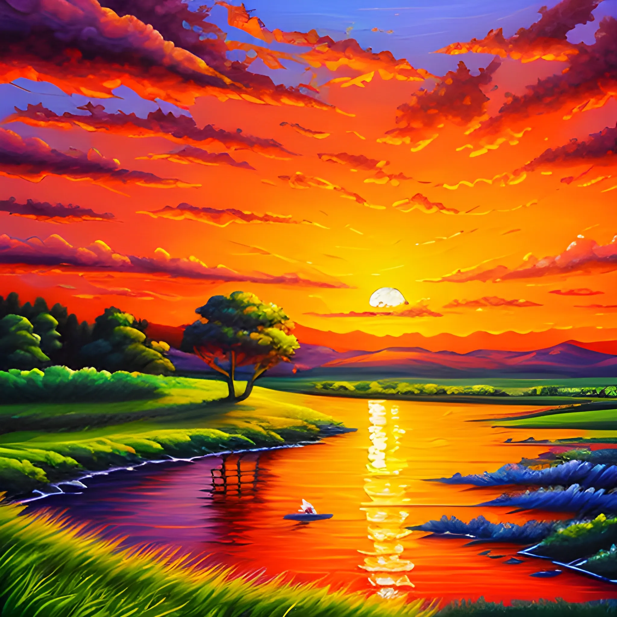 Sunset landscape painting, oil painting style, Cartoon