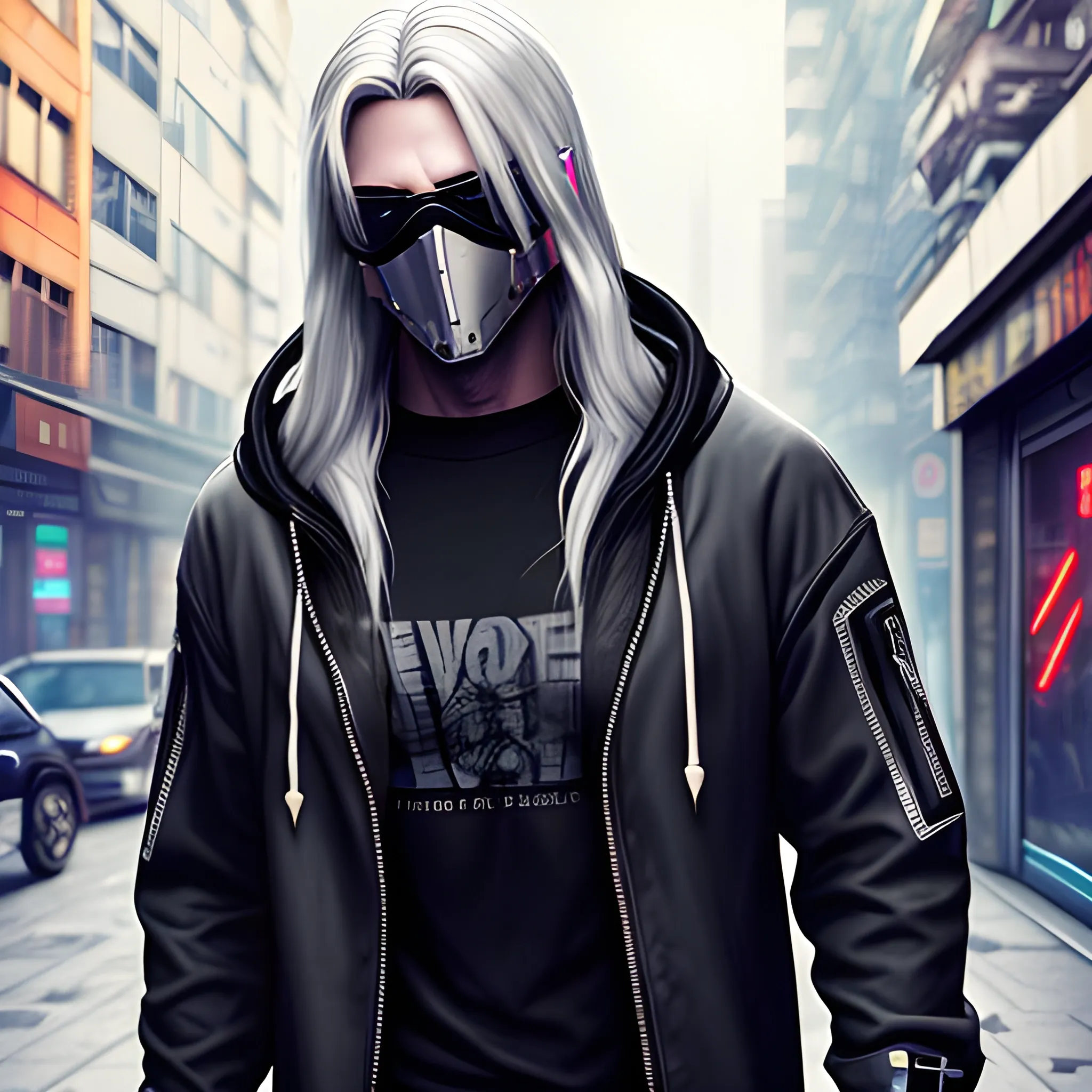 Handsome Cyberpunk male, with long silver hair. Wearing a hooded jacket with no spikes, along with a mask and sunglasses in a cyberpunk city street.