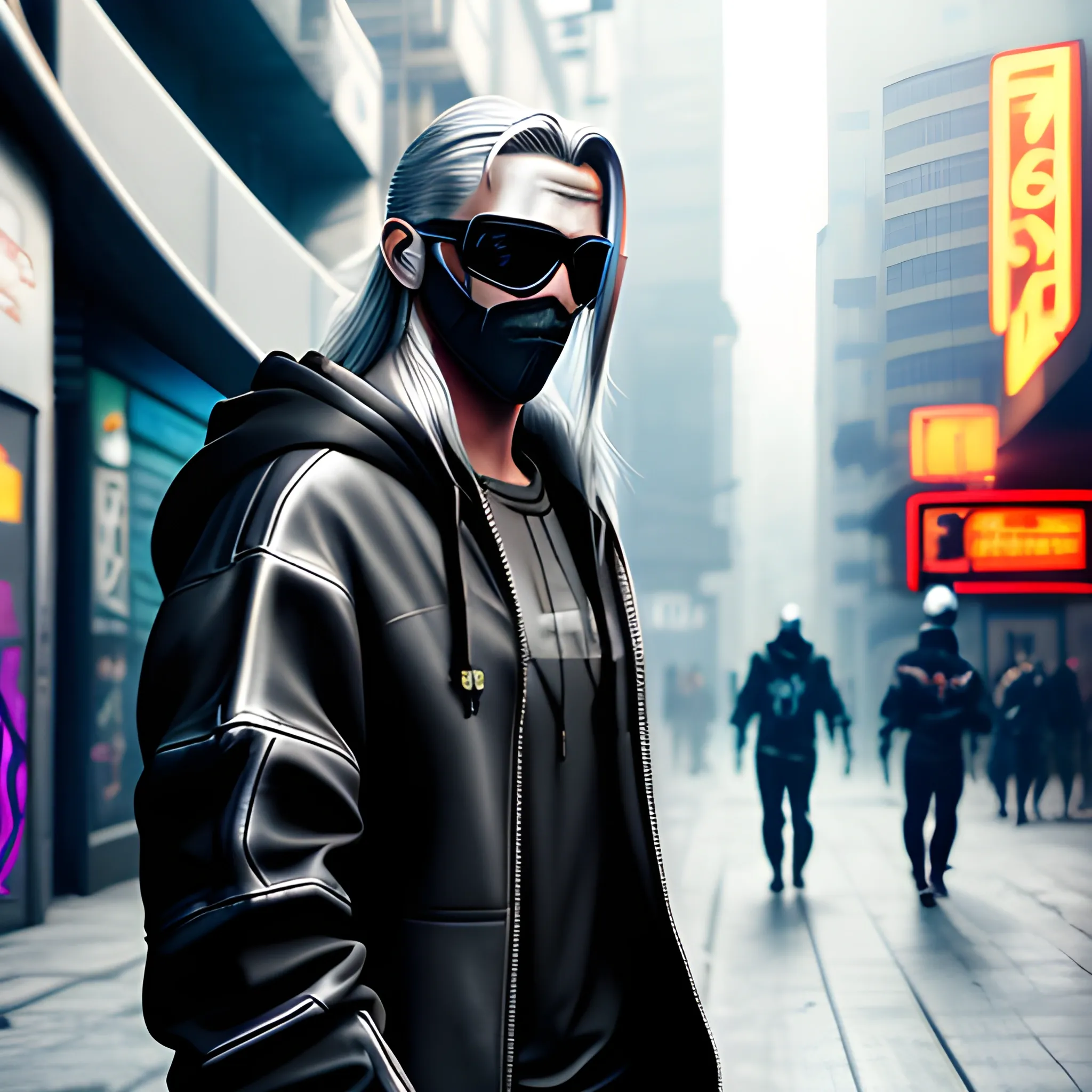 Handsome Cyberpunk male, with long silver hair pulled back. Wearing a hooded jacket with no spikes, along with a mask and sunglasses in a cyberpunk city street.