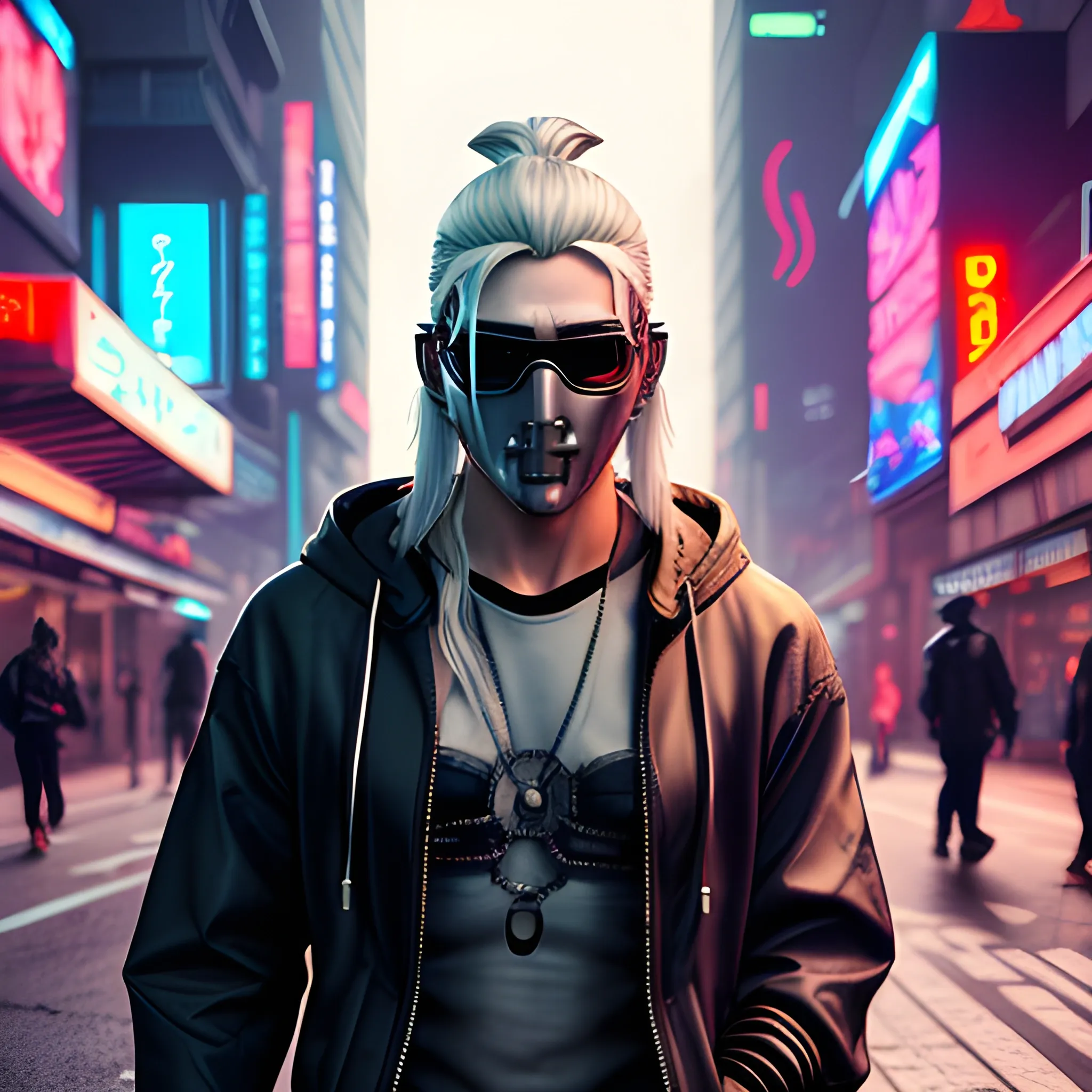 Handsome Cyberpunk male, with long silver hair pulled back. Wearing a hooded jacket with no spikes, along with a samurai mask and sunglasses in a cyberpunk city street.