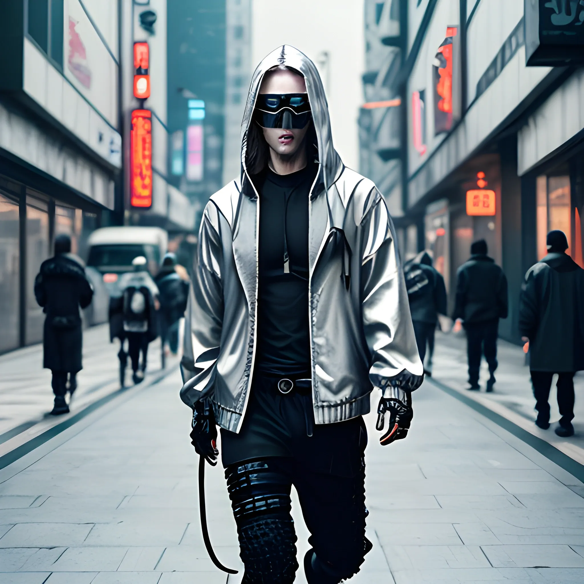 Handsome Cyberpunk male, with long silver hair pulled back. Wearing a hooded jacket with no spikes, along with a samurai mask and sunglasses in a cyberpunk city street.