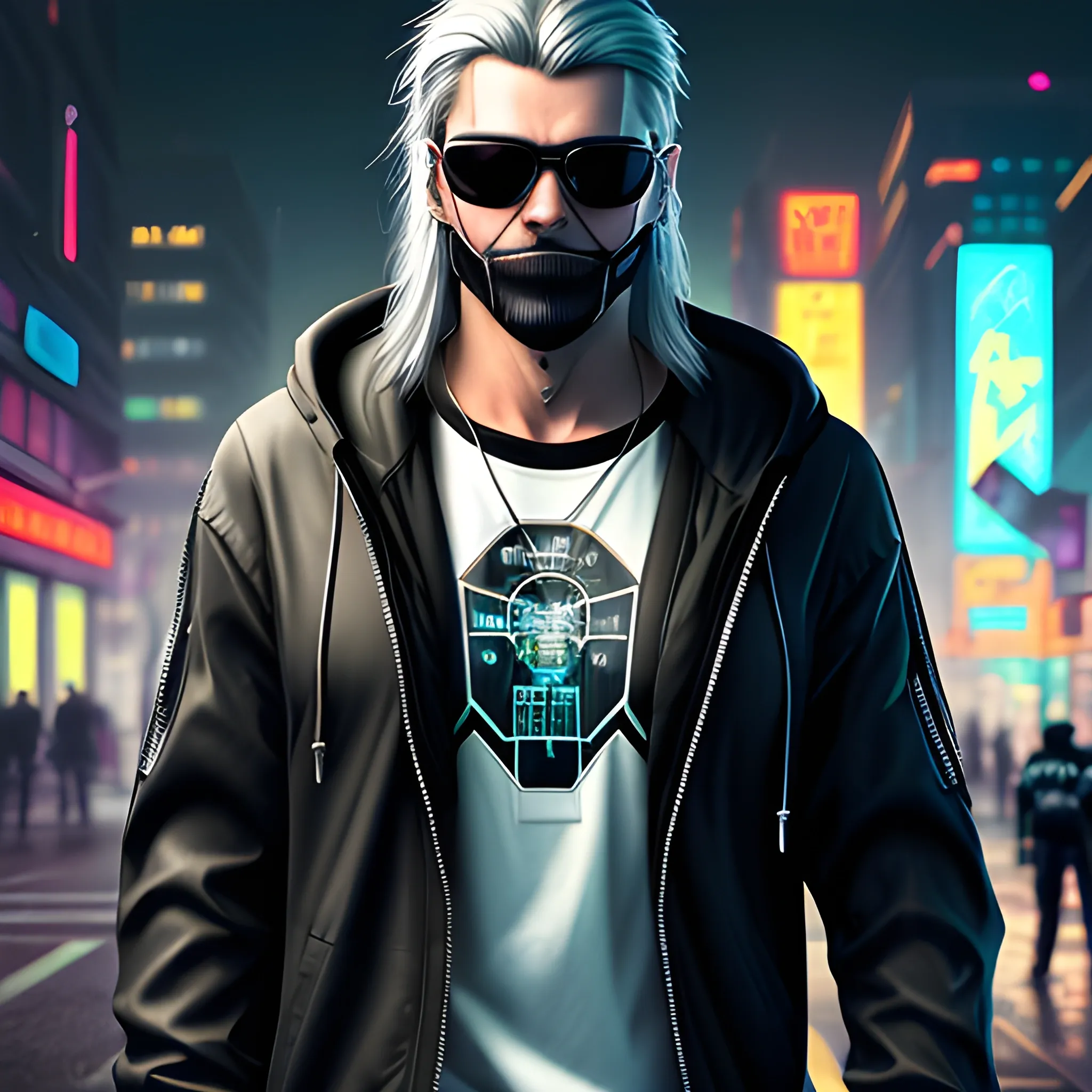 realistic portrait of a Handsome Cyberpunk male, with long silver hair pulled back. Wearing a hooded jacket with no spikes, along with a mask and mirrored sunglasses in a cyberpunk city street.