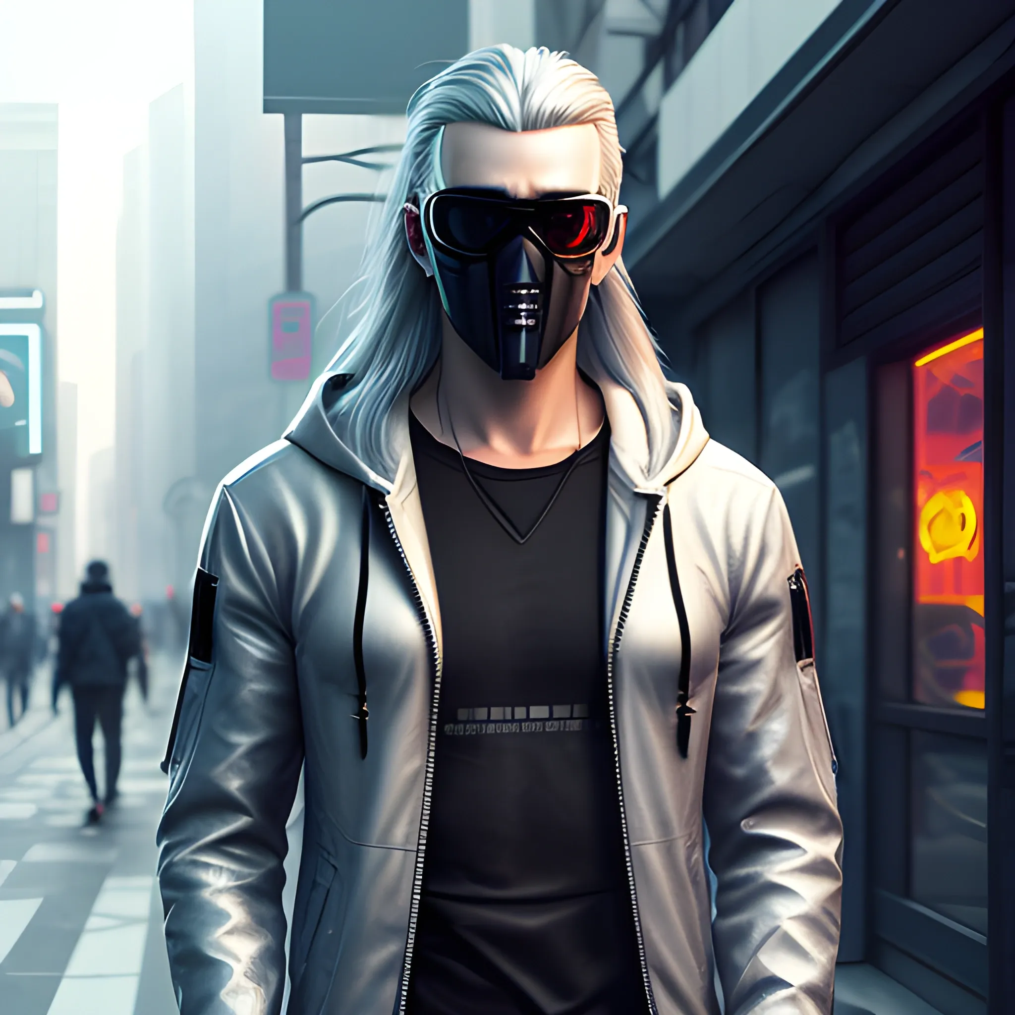 realistic portrait of a Handsome Cyberpunk male, with long silver hair pulled back. Wearing a hooded jacket with no spikes, along with a mask and mirrored sunglasses in a cyberpunk city street.