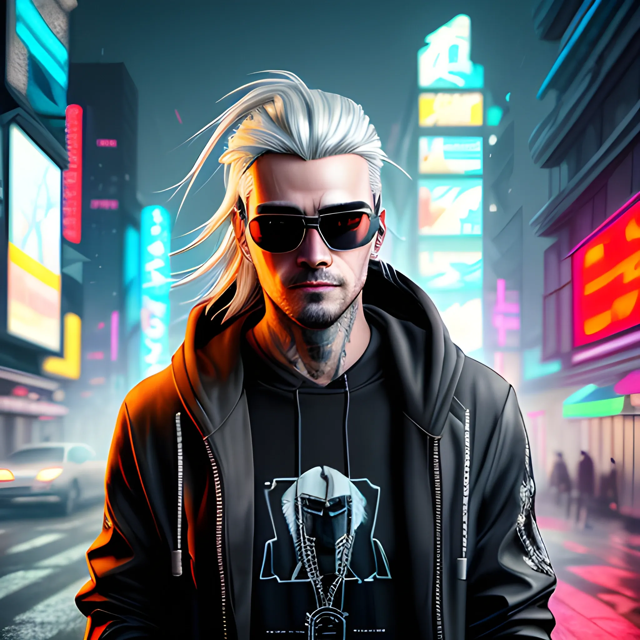 realistic portrait of a Handsome Cyberpunk male, with long silver hair pulled back. Wearing a flashy urban hooded jacket with no spikes, along with a half mask and mirrored sunglasses in a dark cyberpunk city street.