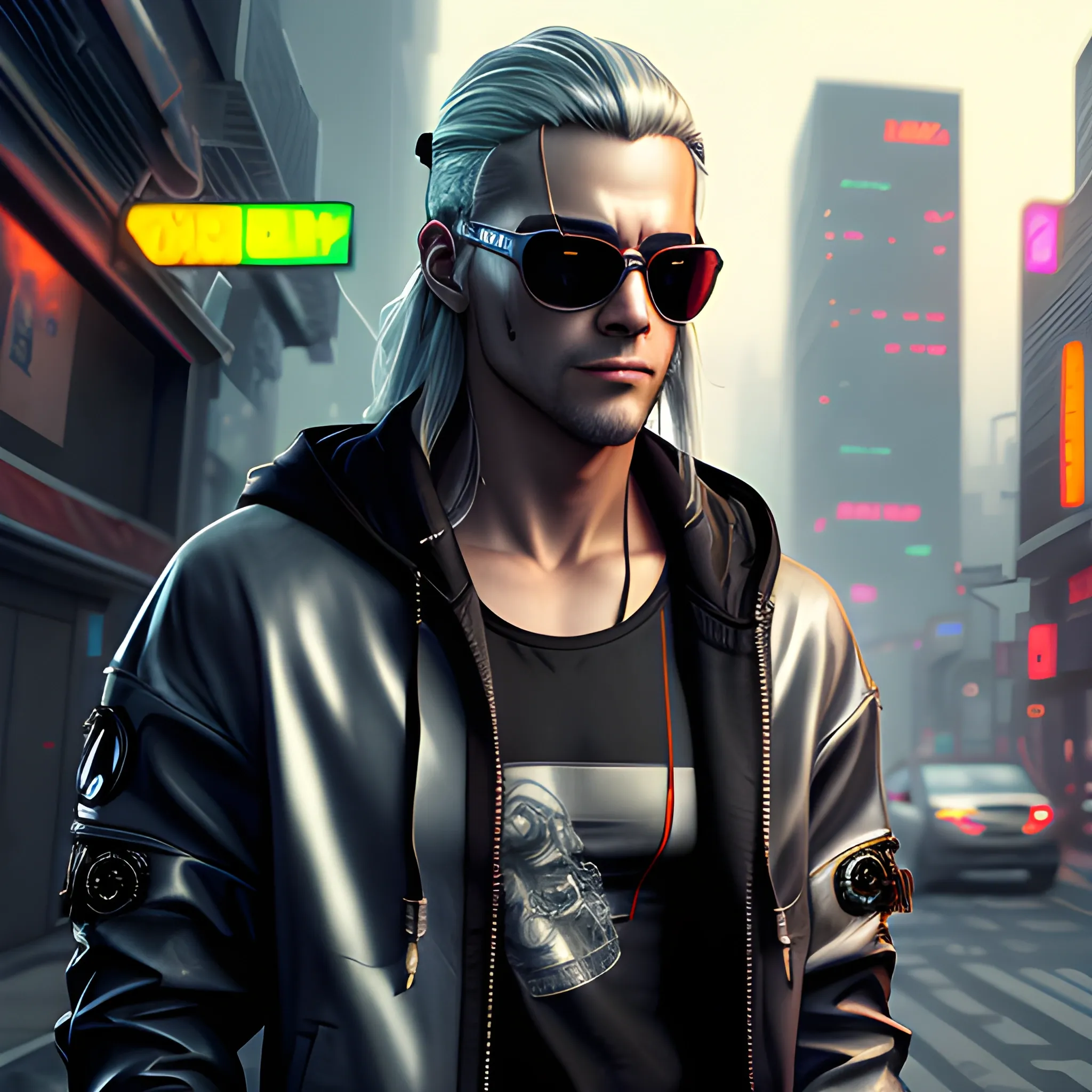 realistic portrait of a Handsome Cyberpunk male, with long silver hair pulled back. Wearing a flashy urban hooded jacket with no spikes, along with a samurai mask and mirrored sunglasses in a dark cyberpunk city street.