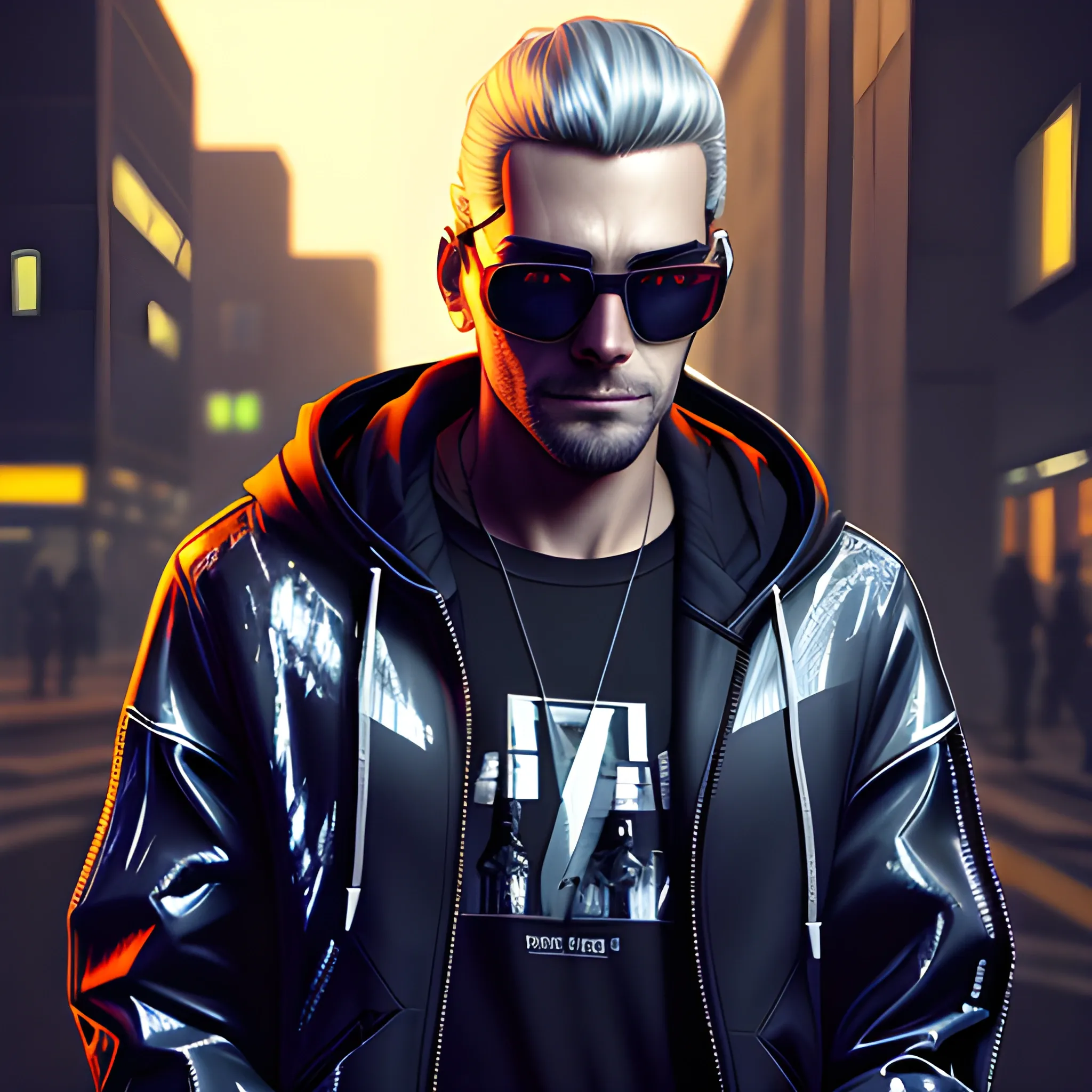 realistic portrait of a Handsome Cyberpunk male, with long silver hair pulled back. Wearing a flashy urban hooded jacket with no spikes, wearing a mask and mirrored sunglasses in a night time cyberpunk city street.