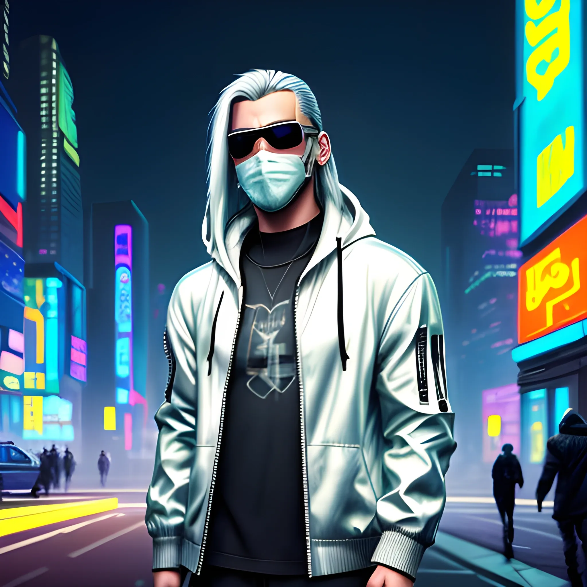 realistic portrait of a Handsome Cyberpunk male, with long silver hair pulled back. Wearing a flashy urban hooded jacket with no spikes, wearing a face mask and mirrored sunglasses in a night time cyberpunk city street.