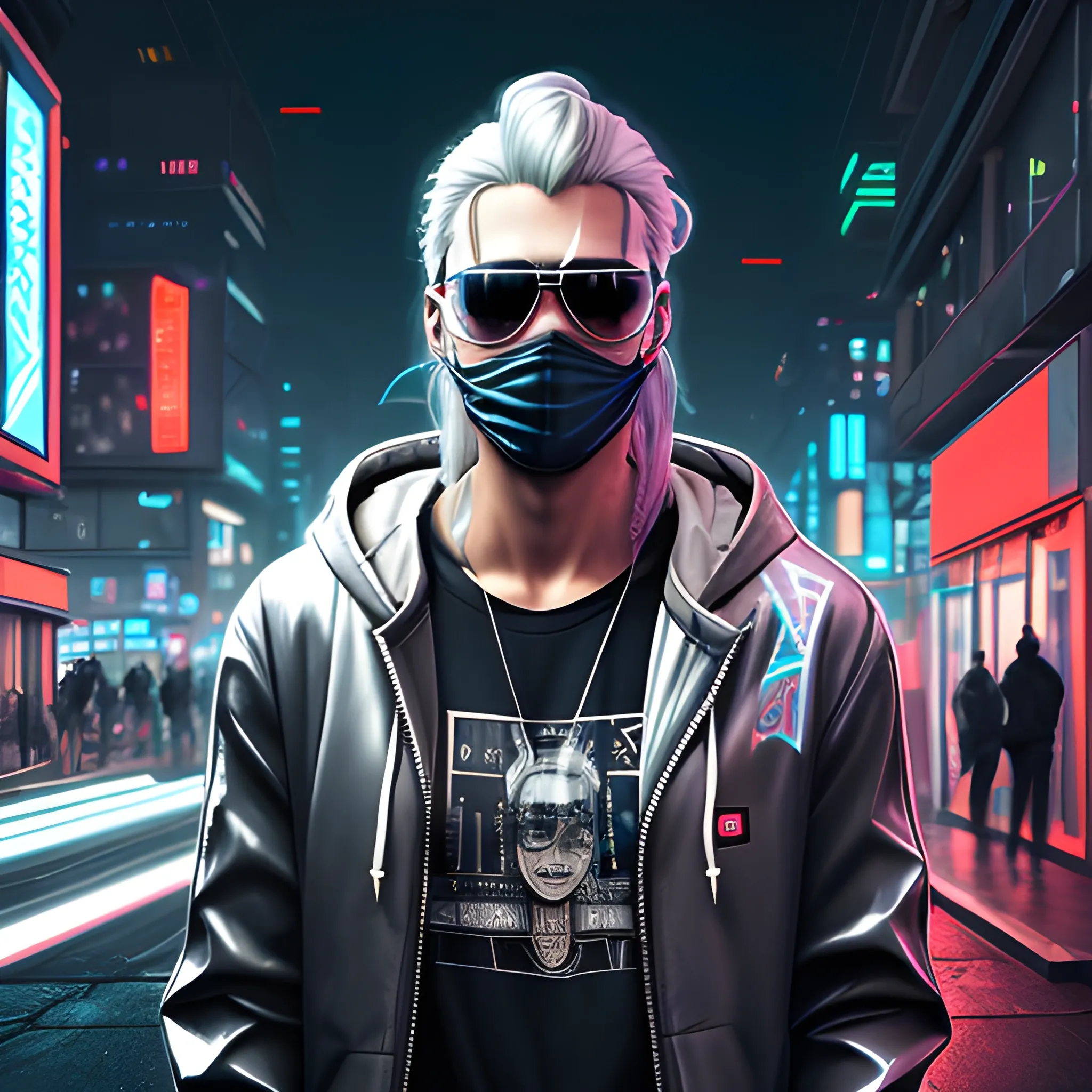 realistic portrait of a Handsome Cyberpunk male, with long silver hair pulled back. Wearing a flashy urban hooded jacket with no spikes, wearing a face mask and mirrored sunglasses in a night time cyberpunk city street.