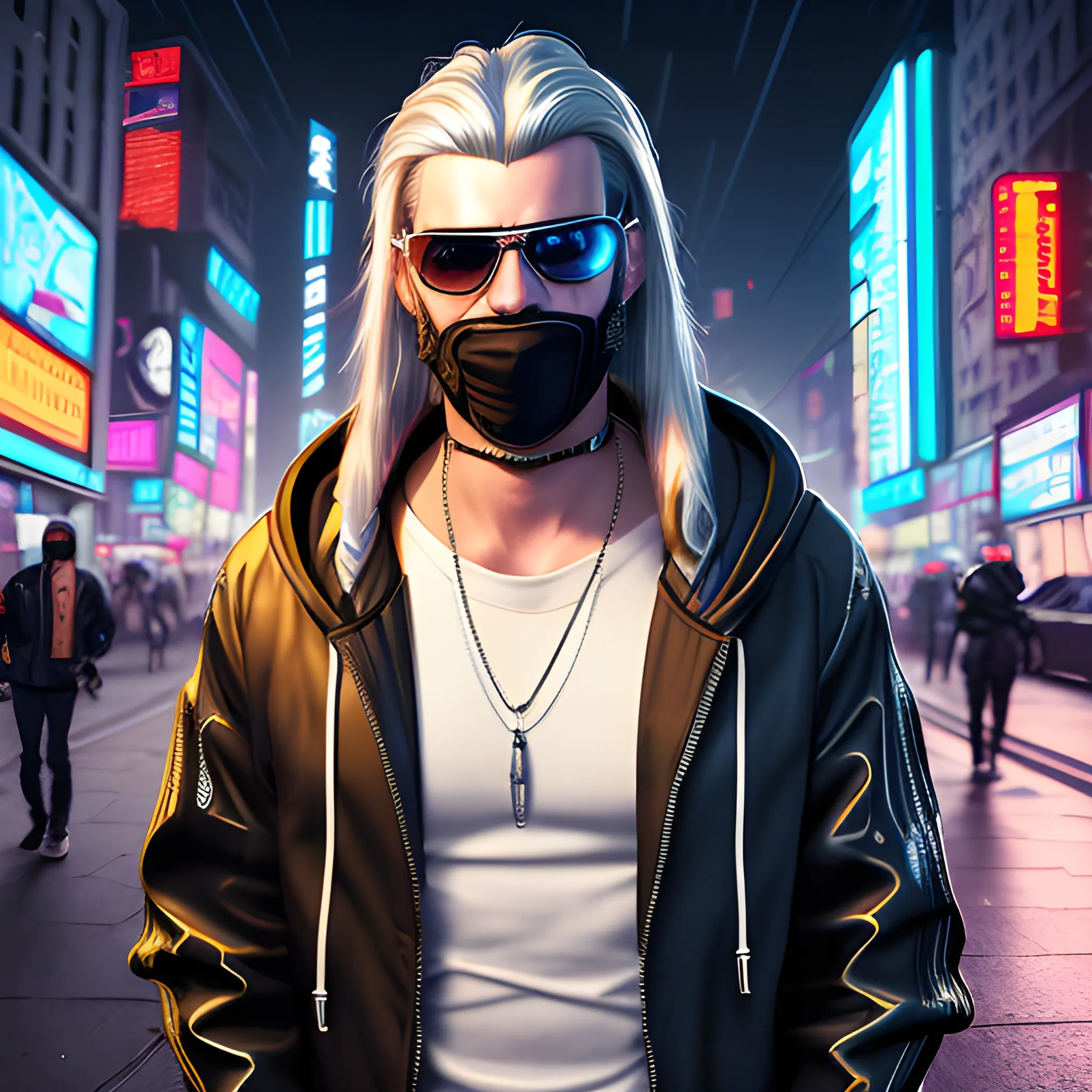 realistic portrait of a Handsome Cyberpunk male, with long silver hair pulled back. Wearing a flashy urban hooded jacket with no spikes, wearing a face mask and mirrored sunglasses in a night time cyberpunk city street.