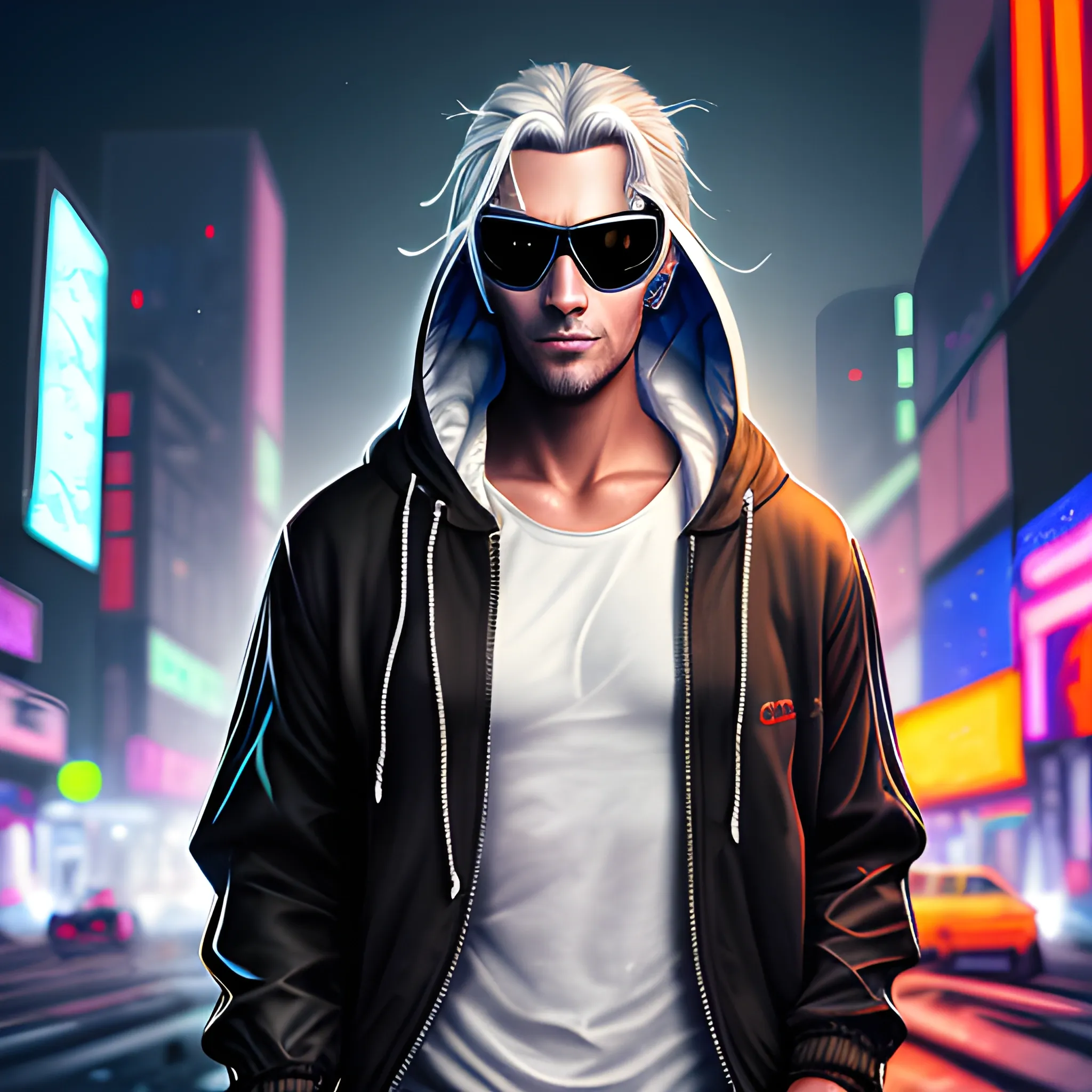 realistic portrait of a Handsome Cyberpunk male, with long silver hair pulled back. Wearing a flashy urban hooded jacket with no spikes, wearing a black mask and mirrored sunglasses in a night time cyberpunk city street.