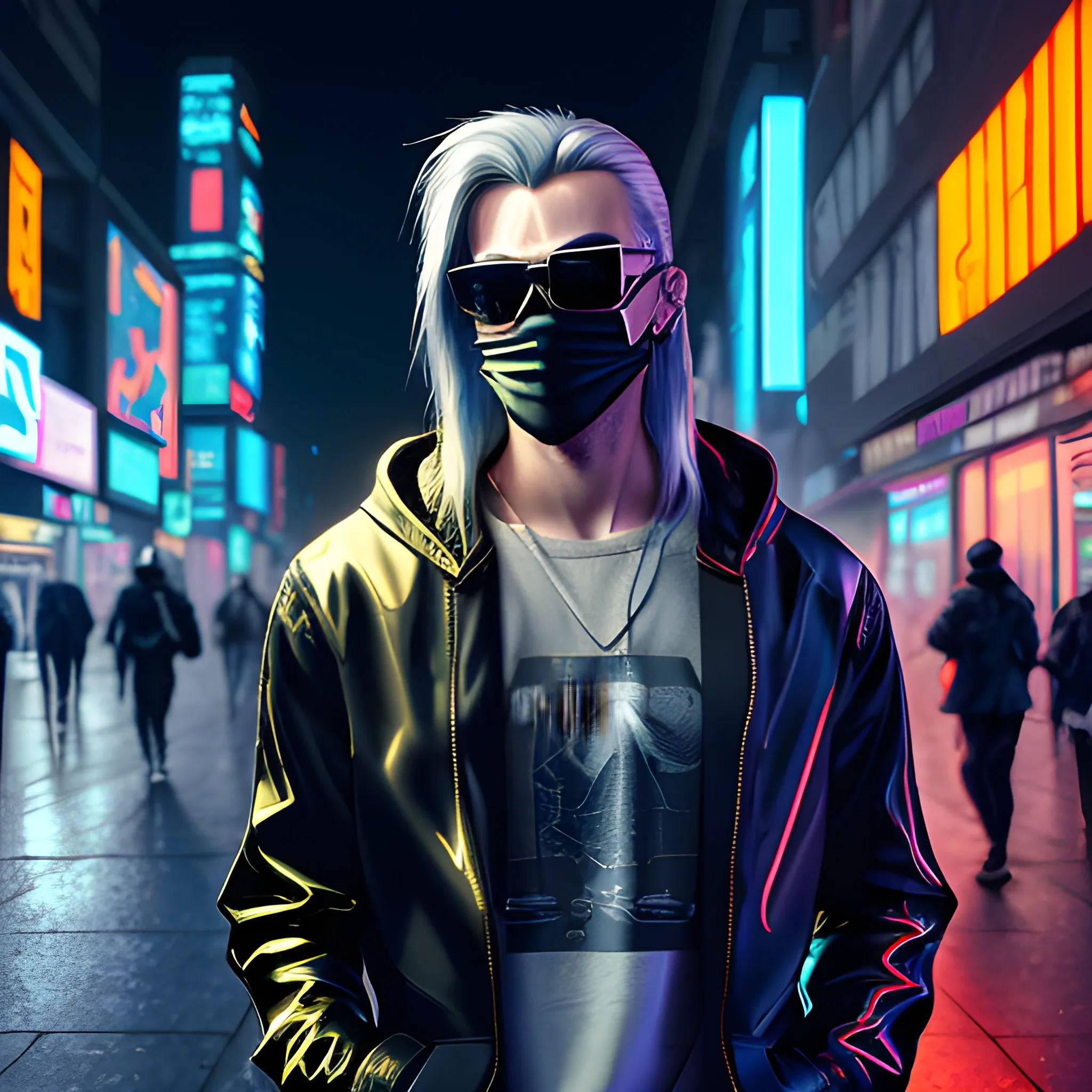 portrait of a Handsome Cyberpunk male, with long silver hair pulled back. Wearing a flashy urban hooded jacket with no spikes, wearing a black mask and mirrored sunglasses in a night time cyberpunk city street.