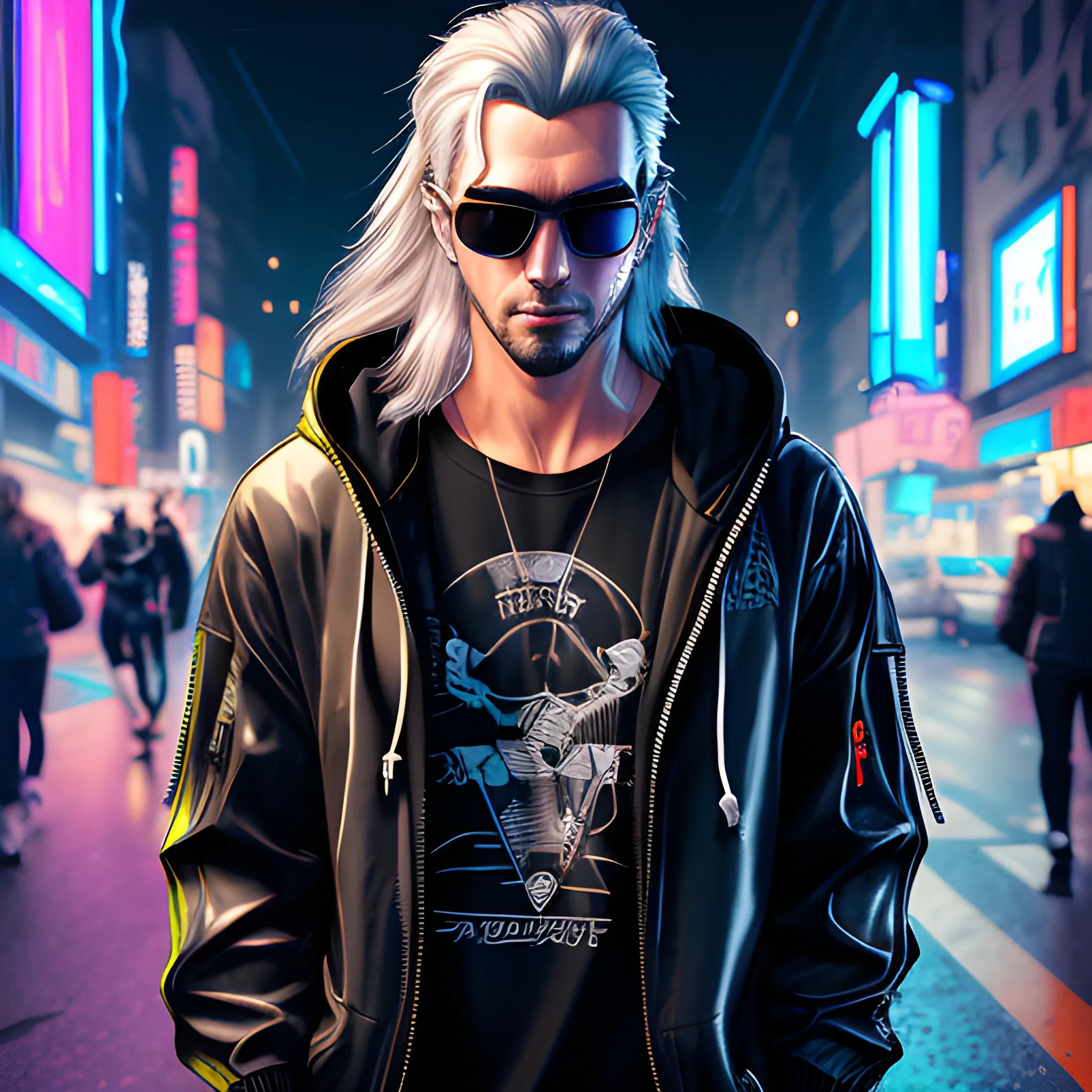 portrait of a Handsome Cyberpunk male, with long silver hair pulled back. Wearing a flashy urban hooded jacket with no spikes, wearing a black mask and mirrored sunglasses in a night time cyberpunk city street.