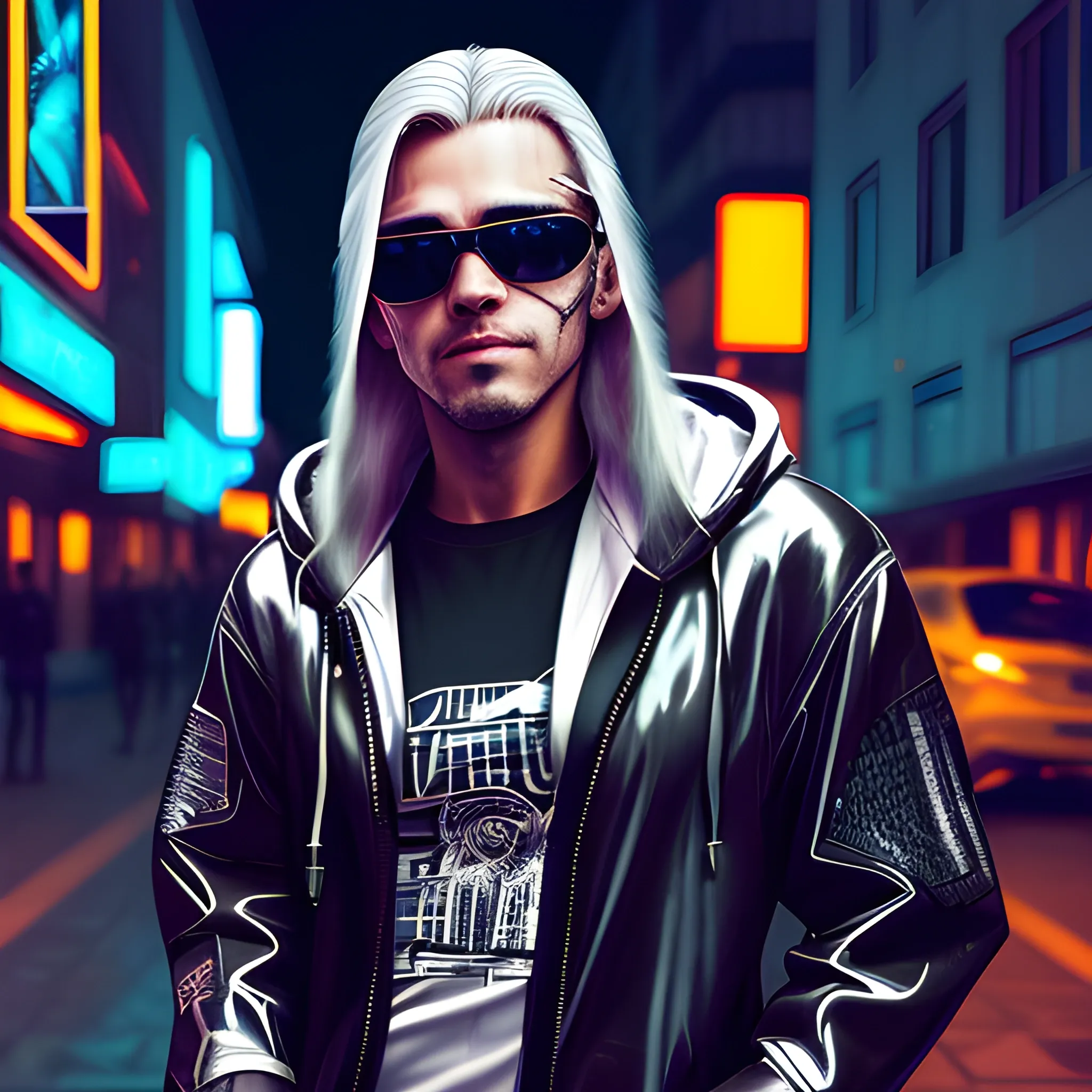 portrait of a Handsome Cyberpunk male, with long silver hair pulled back. Wearing a flashy urban hooded jacket with no spikes, wearing a black mask and mirrored sunglasses in a night time cyberpunk city street.