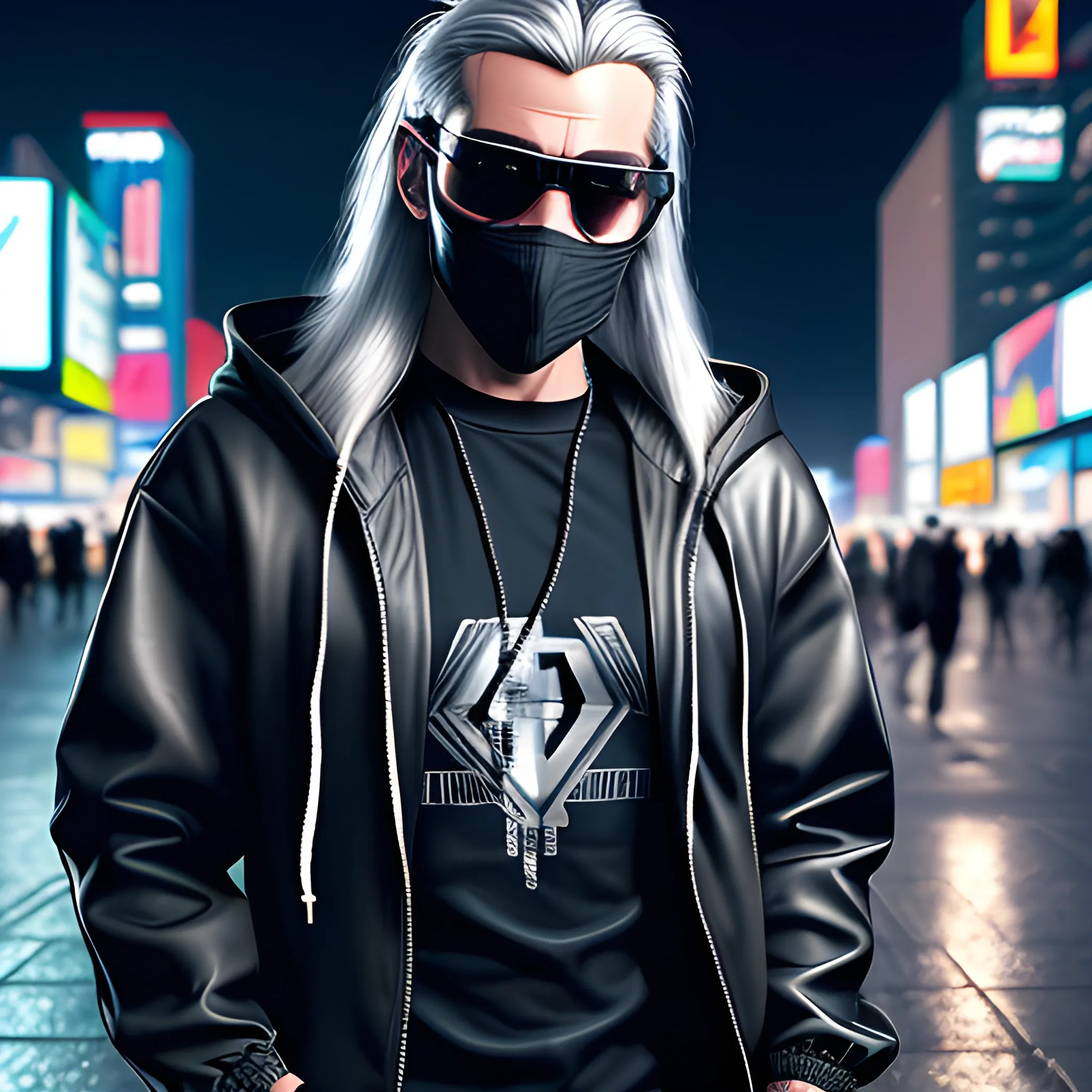 portrait of a Handsome Cyberpunk male, with long silver hair pulled back. Wearing a flashy urban hooded jacket with no spikes, wearing a black mask and mirrored sunglasses in a night time cyberpunk city street.