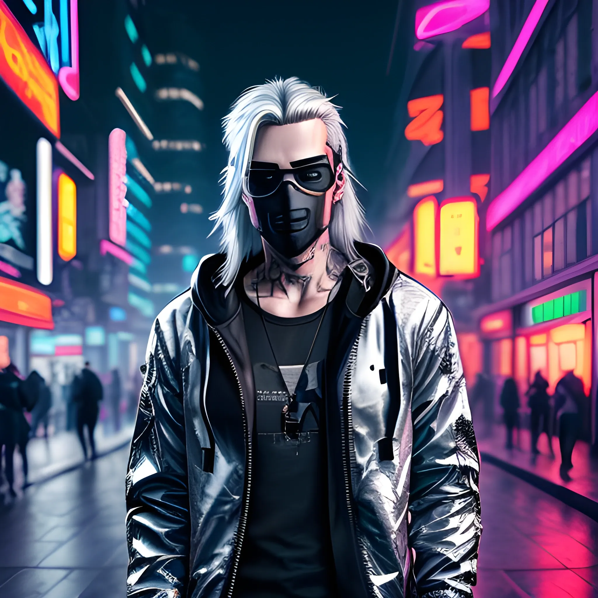 portrait of a Handsome Cyberpunk male, with long silver hair pulled back. Wearing a flashy urban hooded jacket with no spikes, wearing a black mask and sunglasses in a night time cyberpunk city street.