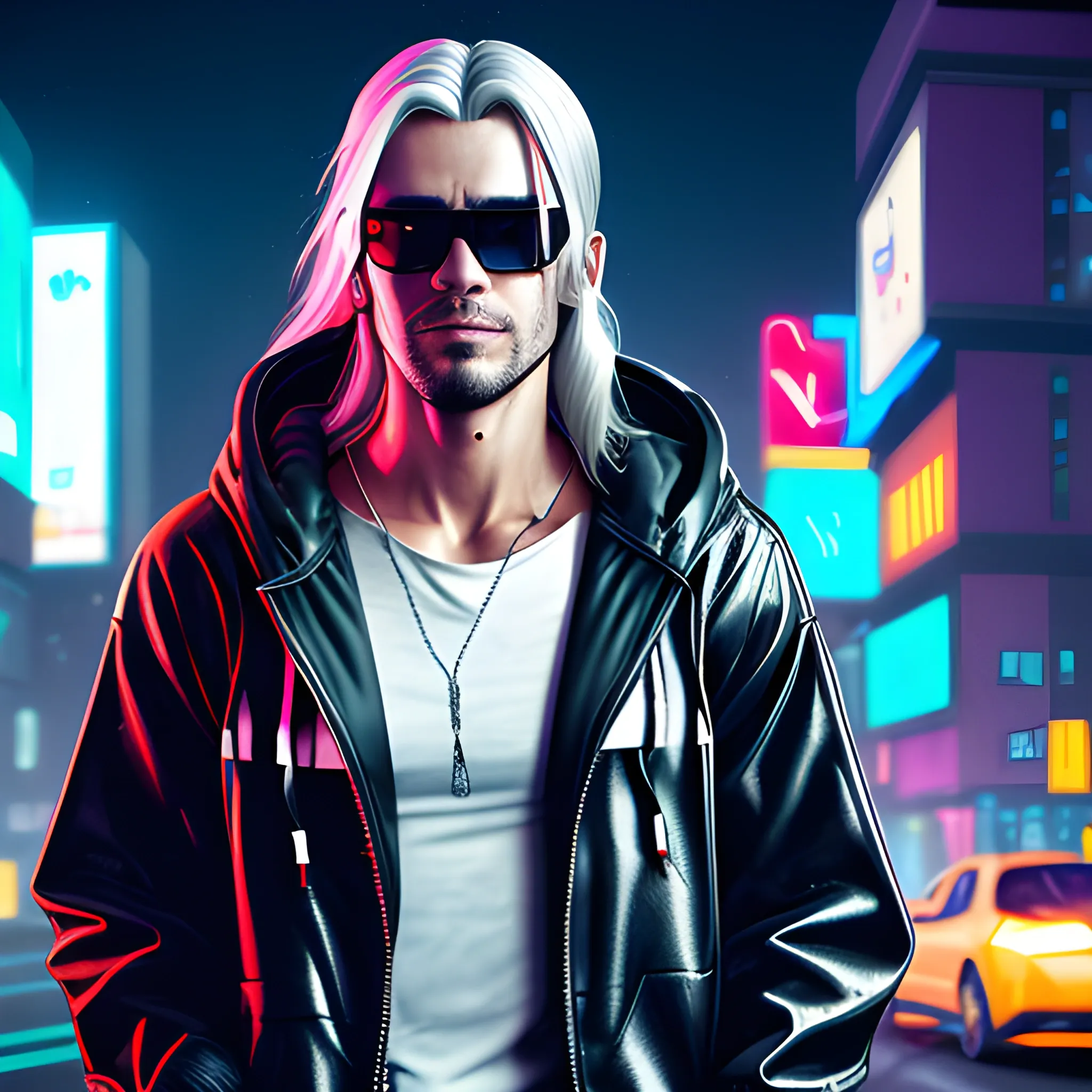 portrait of a Handsome Cyberpunk male, with long silver hair pulled back. Wearing a flashy urban hooded jacket with no spikes, wearing a black mask and sunglasses in a night time cyberpunk city street.