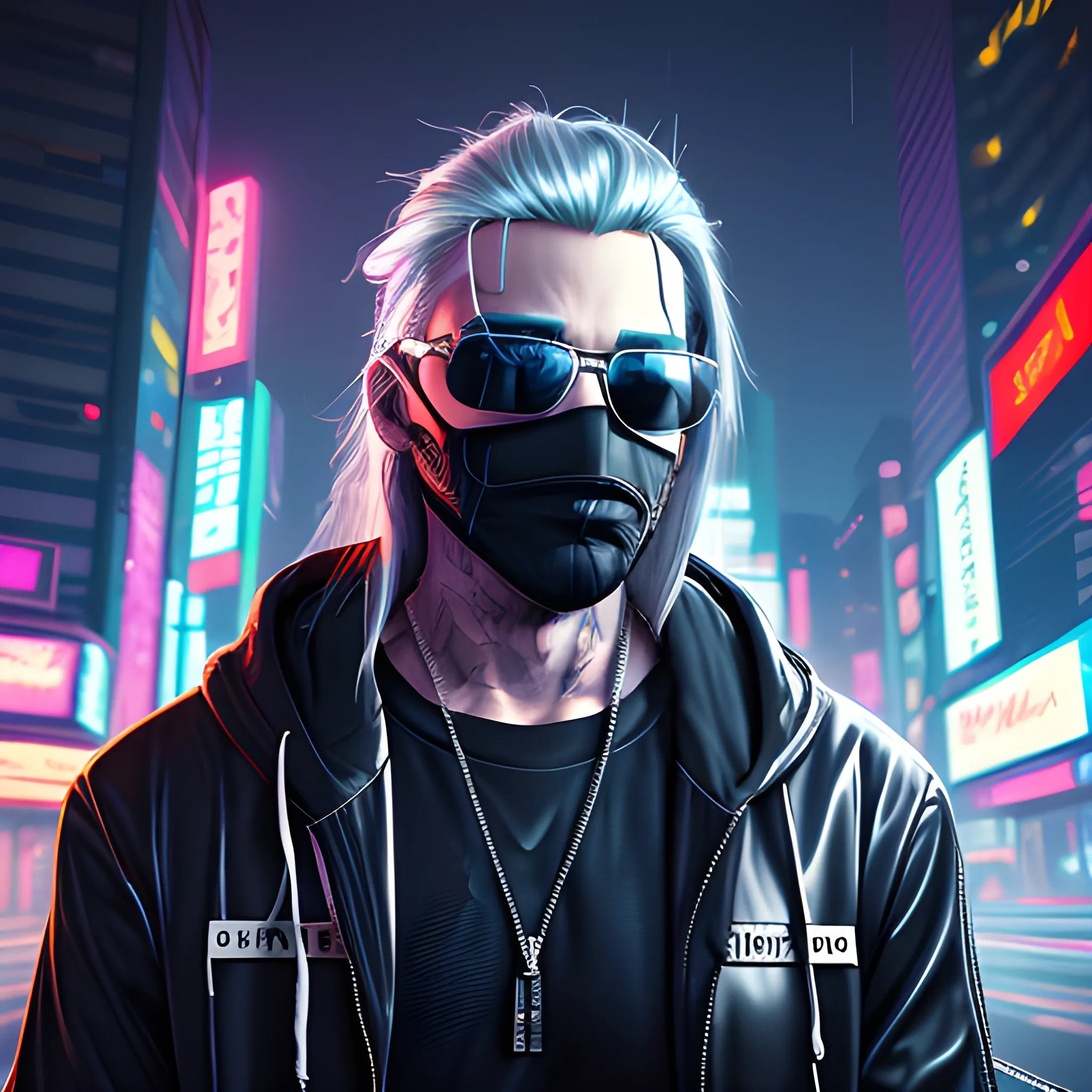 portrait of a Handsome Cyberpunk male, with long silver hair pulled back. Wearing a flashy urban hooded jacket with no spikes, wearing a black mask and sunglasses in a night time cyberpunk city street.