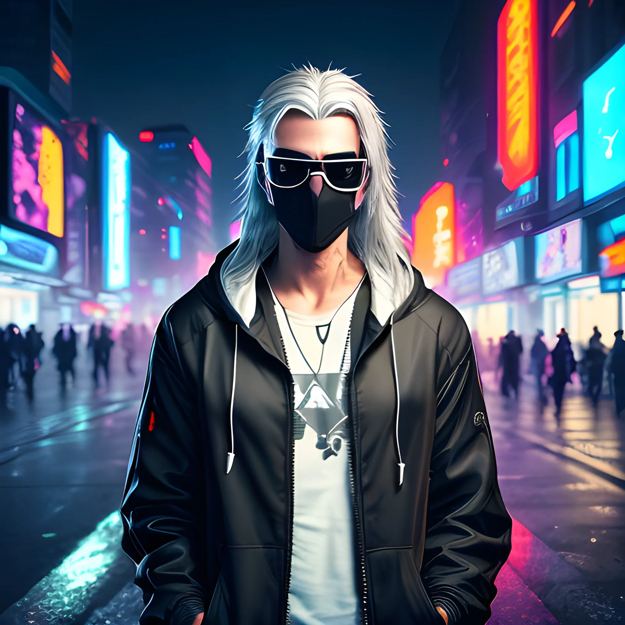 portrait of a Handsome Cyberpunk male, with long silver hair pulled back. Wearing a flashy urban hooded jacket with no spikes, wearing a black mask and sunglasses in a night time cyberpunk city street.