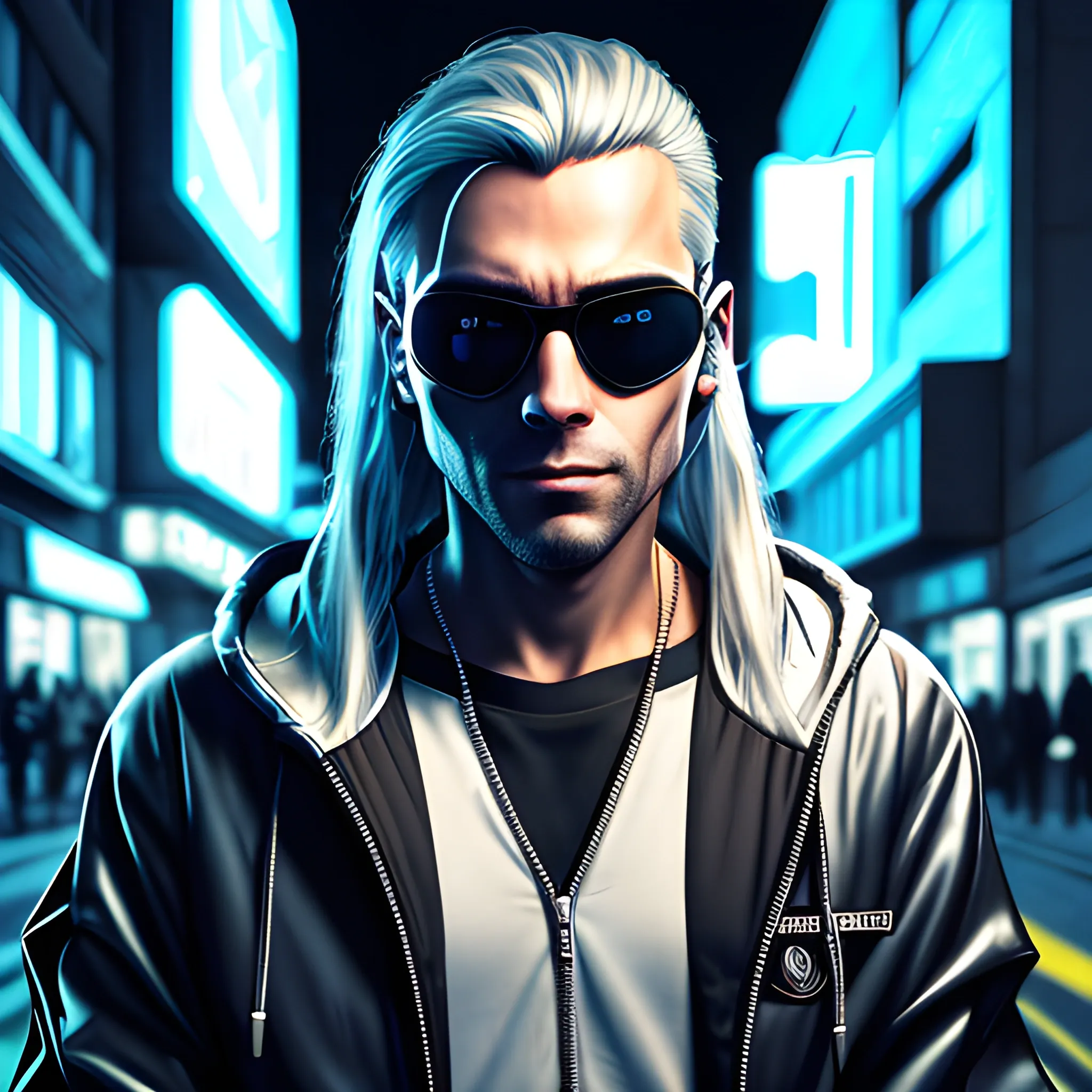 portrait of a Handsome Cyberpunk male, with long silver hair pulled back. Wearing a flashy urban hooded jacket with no spikes, wearing a black mask and sunglasses in a night time cyberpunk city street.